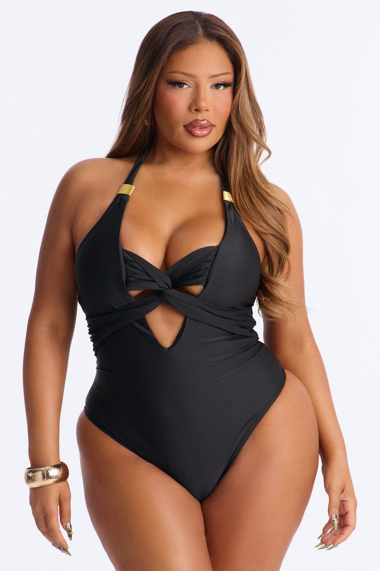 Sand Castle Twisted Cut Out Hardware 1 Piece Swimsuit - Black
