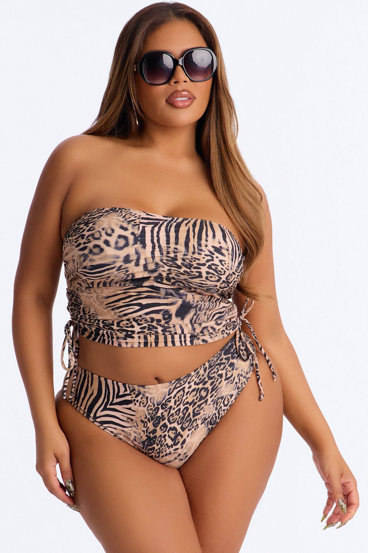 Sunshine On My Mind Animal 2 Piece Strapless Tankini Bikini Set - Brown/combo
