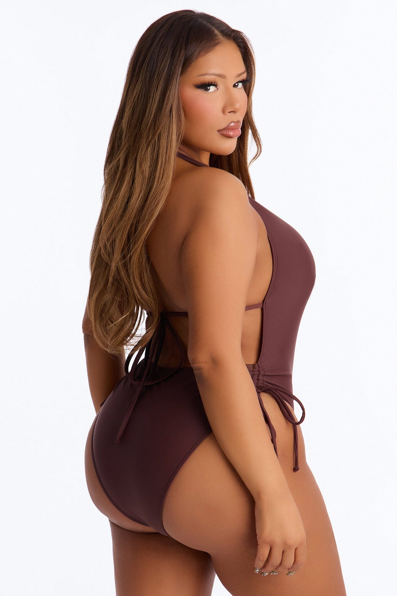 Paige Hardware Deep V-Neck Side Ruching 1 Piece Swimsuit - Brown