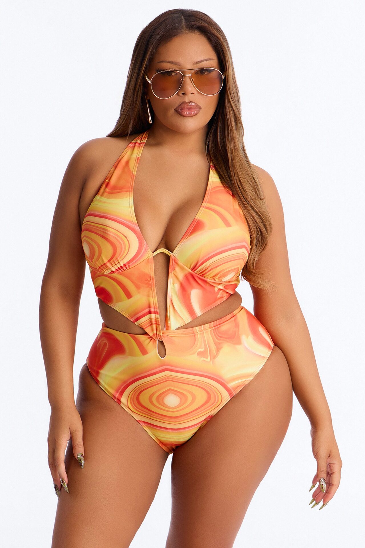Chasing Sunsets Abstract Underwire Cut Out 1 Piece Swimsuit - Orange/combo