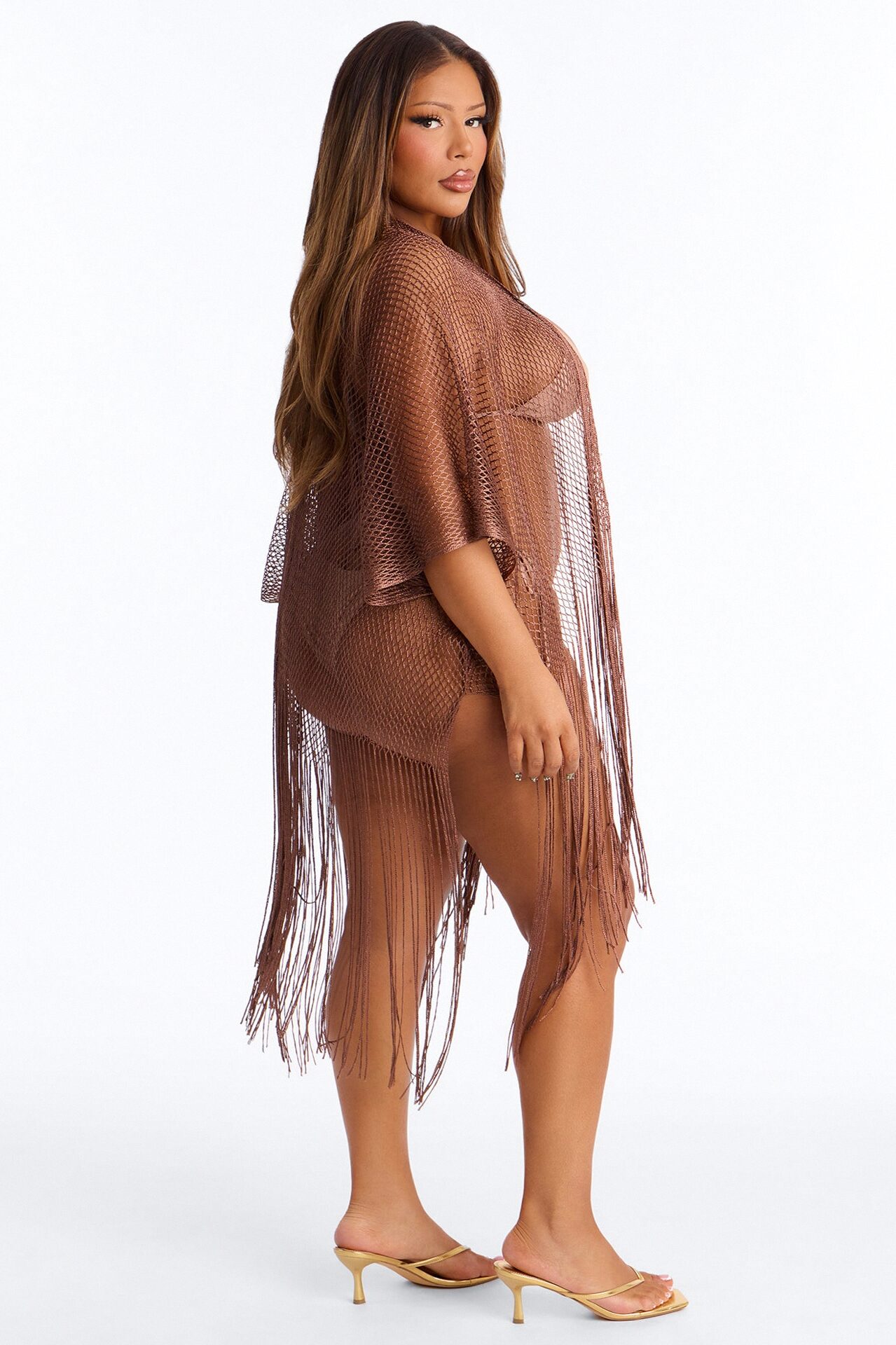 Paula Shimmer Fringe Swim Cover Up Kimono - Bronze