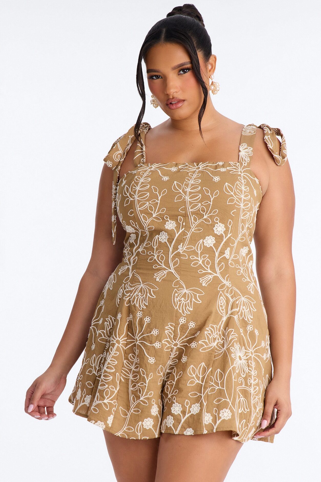 Fiona Floral Linen Tie Shoulder Romper - Brown/combo