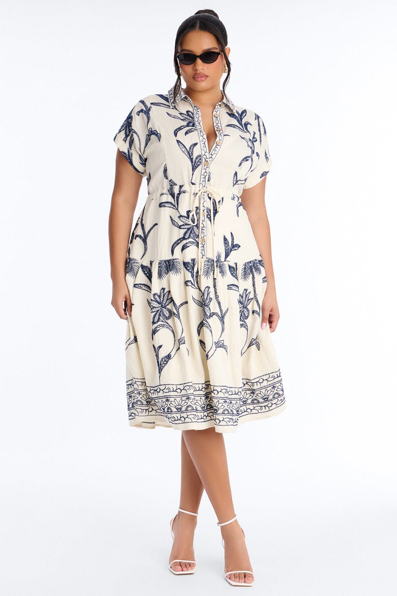 Maria Embroidered Midi Dress - White/Blue