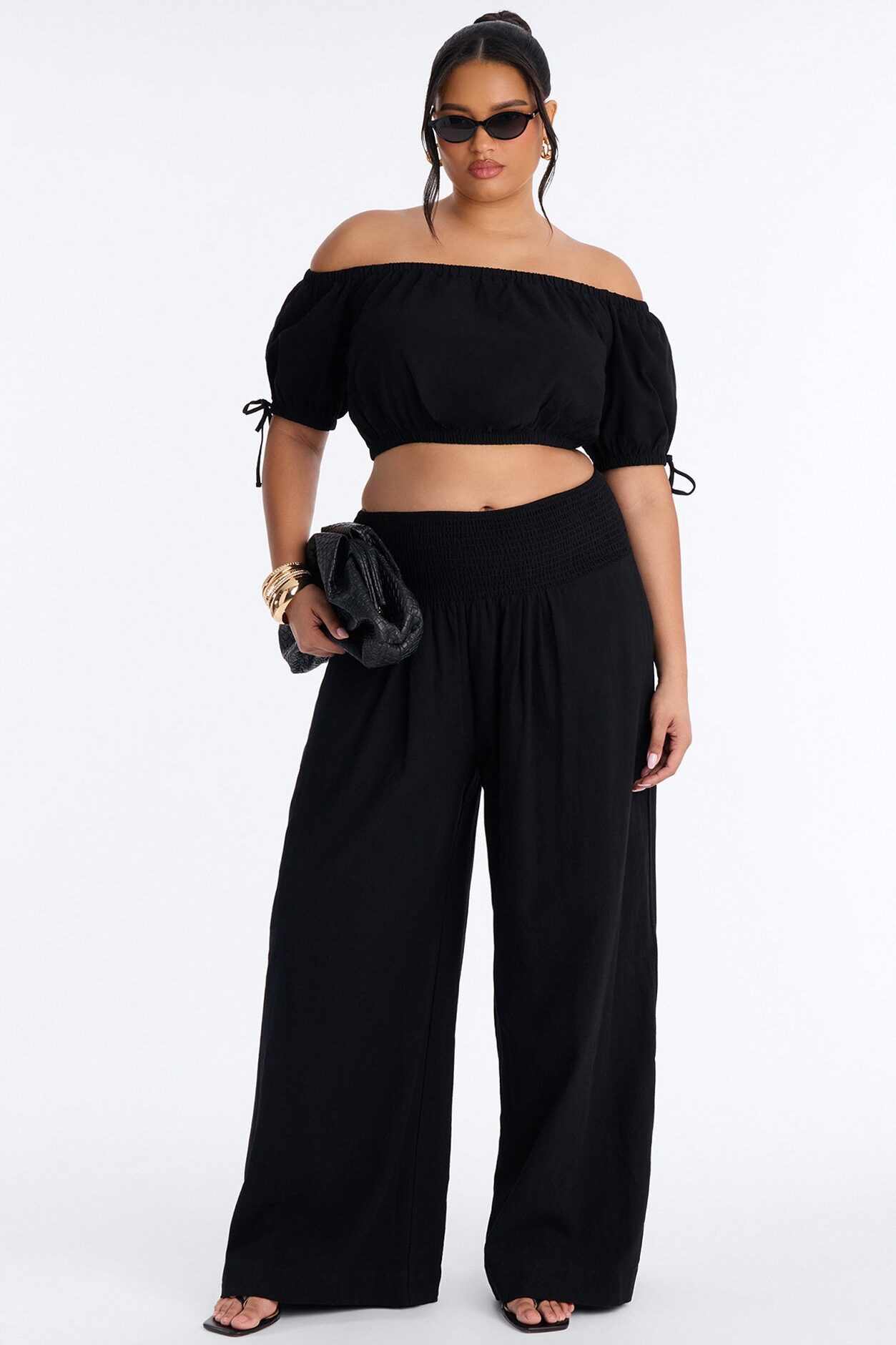 Chrissie Linen Smocked Pant Set - Black
