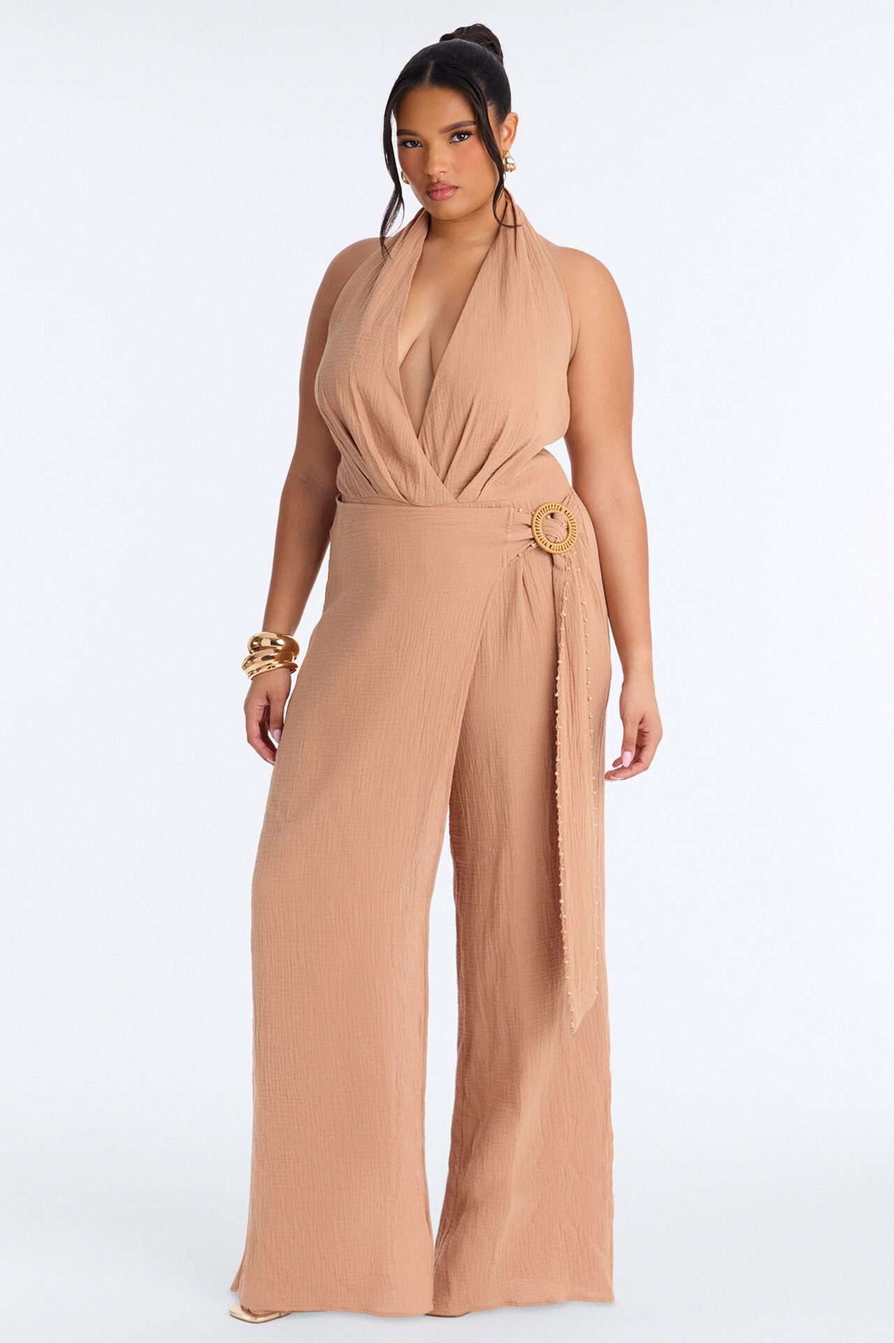 Drift With Me Halter Airflow Jumpsuit - Tan