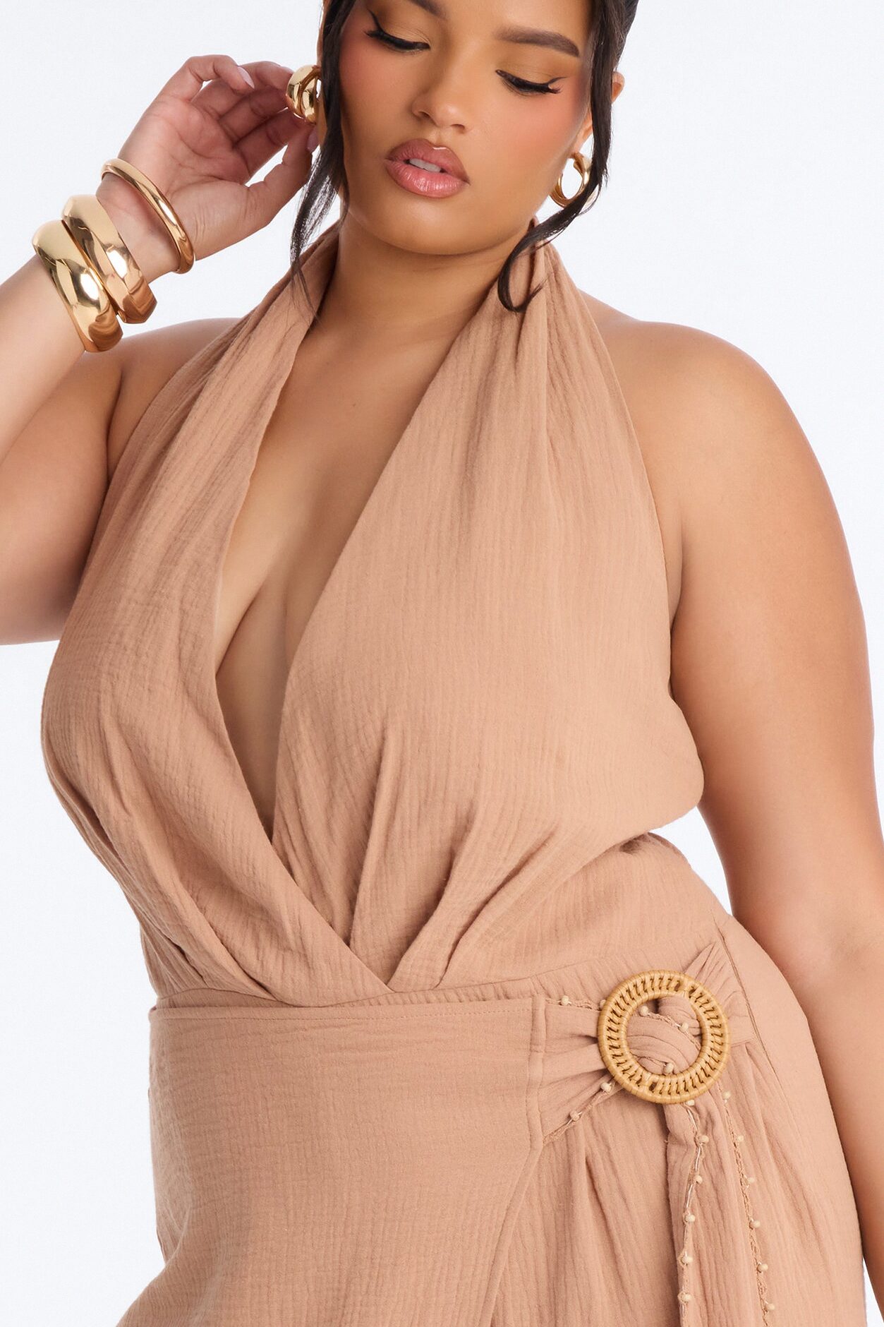 Drift With Me Halter Airflow Jumpsuit - Tan