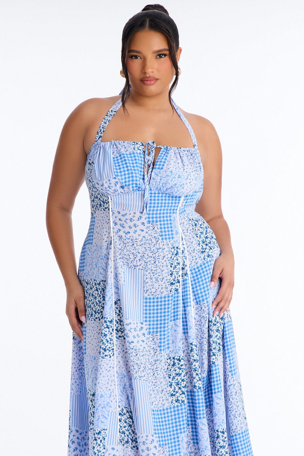 Henley Halter Patchwork Midi Dress - Blue