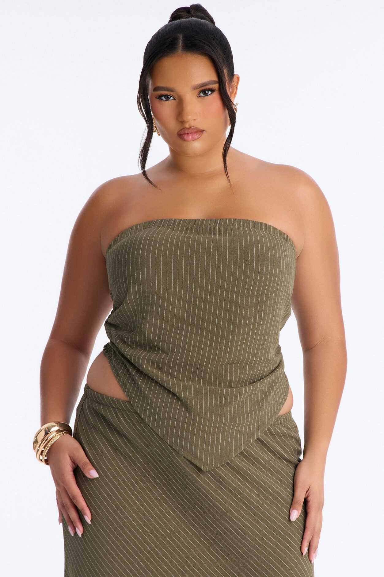 Carolina Linen Pinstripe Maxi Skirt Set - Olive