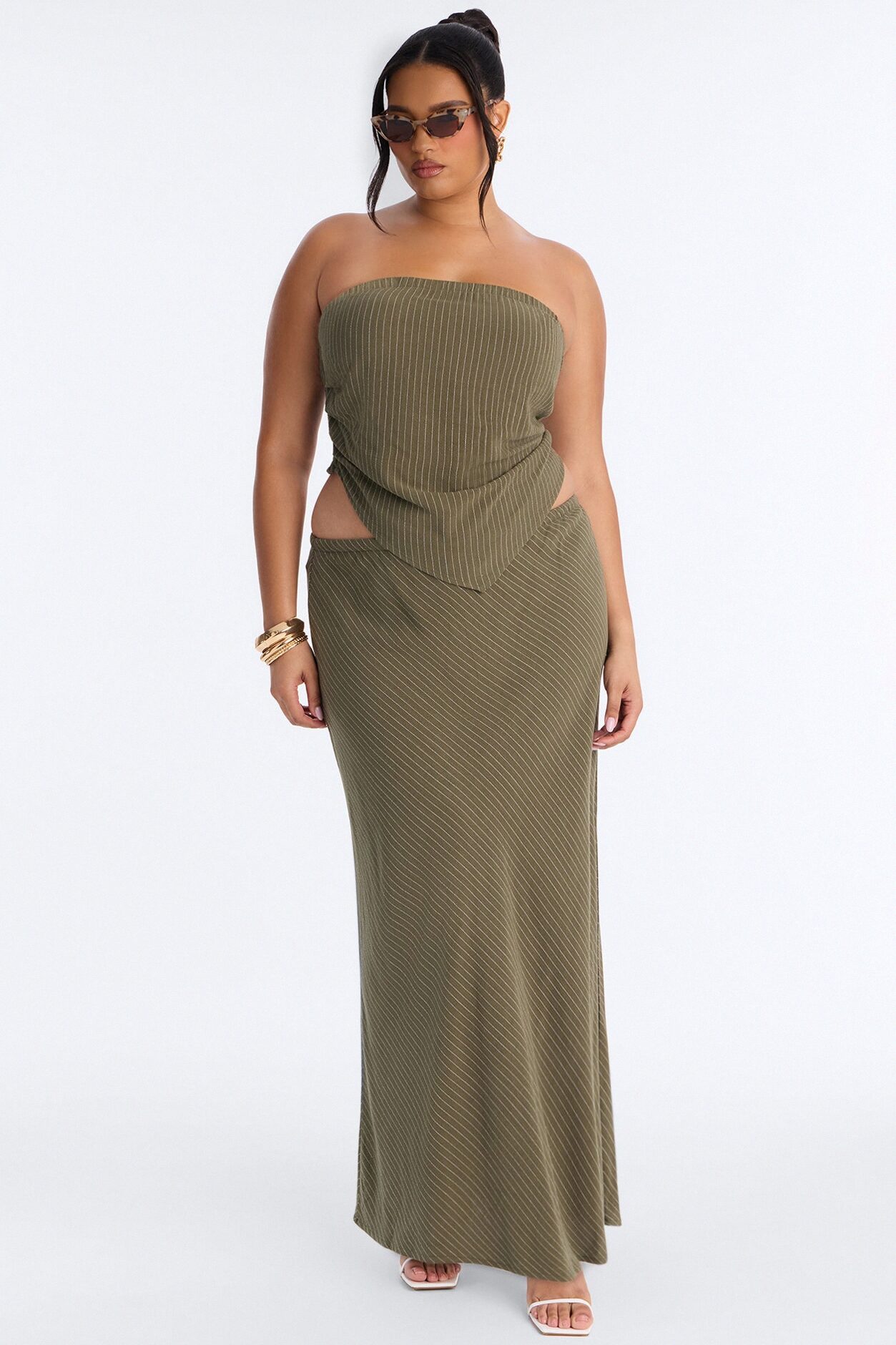 Carolina Linen Pinstripe Maxi Skirt Set - Olive