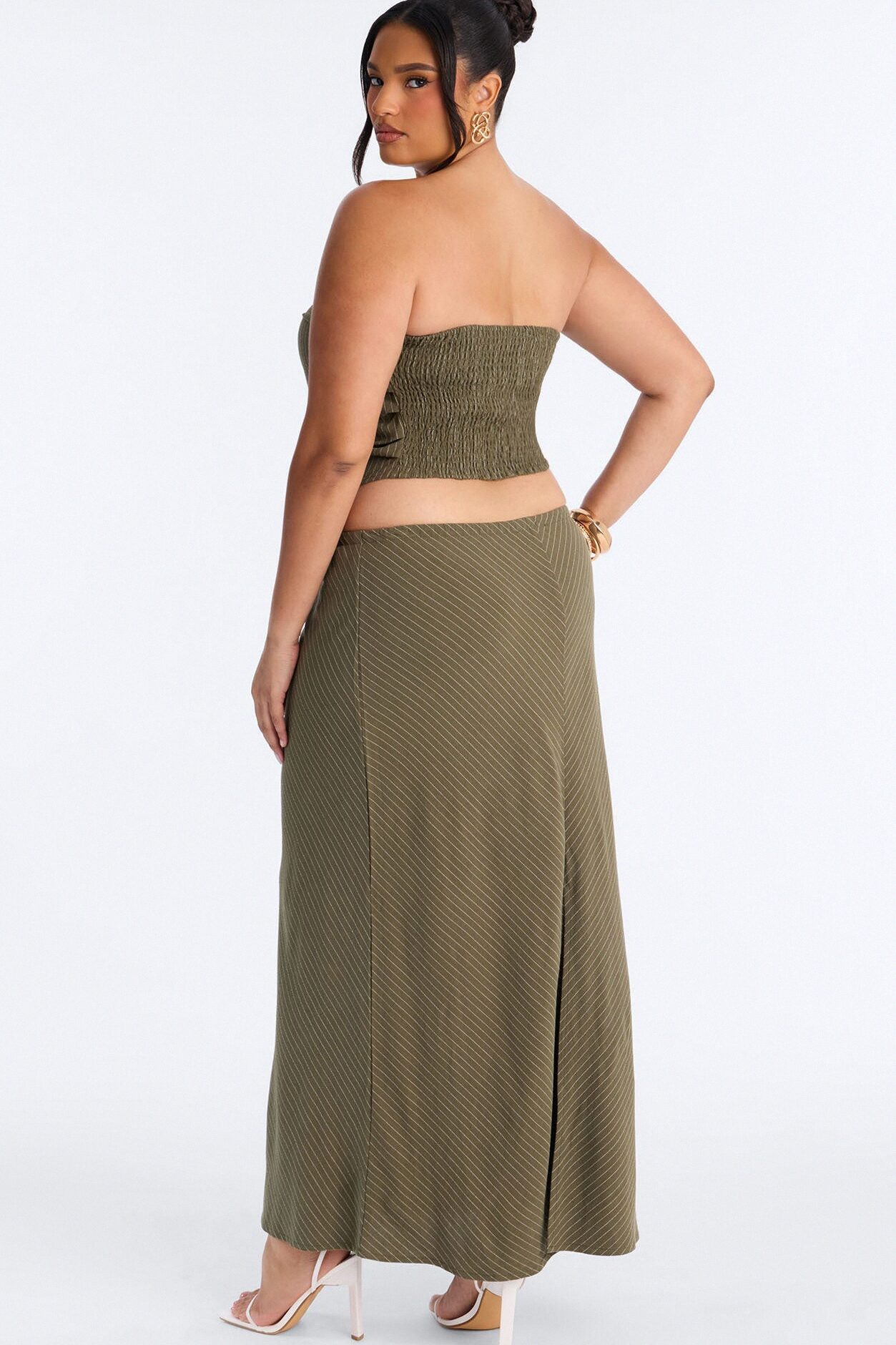 Carolina Linen Pinstripe Maxi Skirt Set - Olive