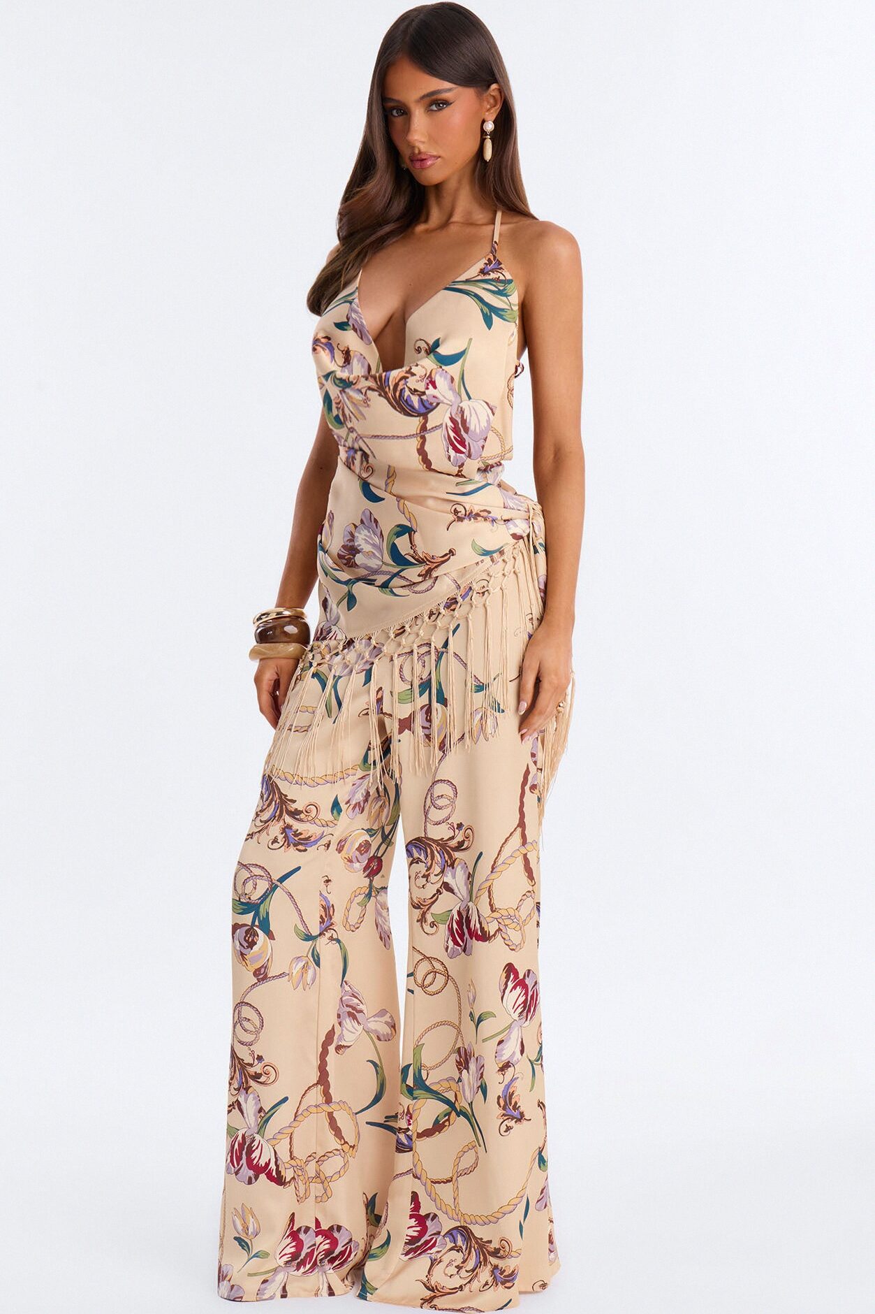 Talia 2 Piece Satin Waist Scarf Jumpsuit - Peach