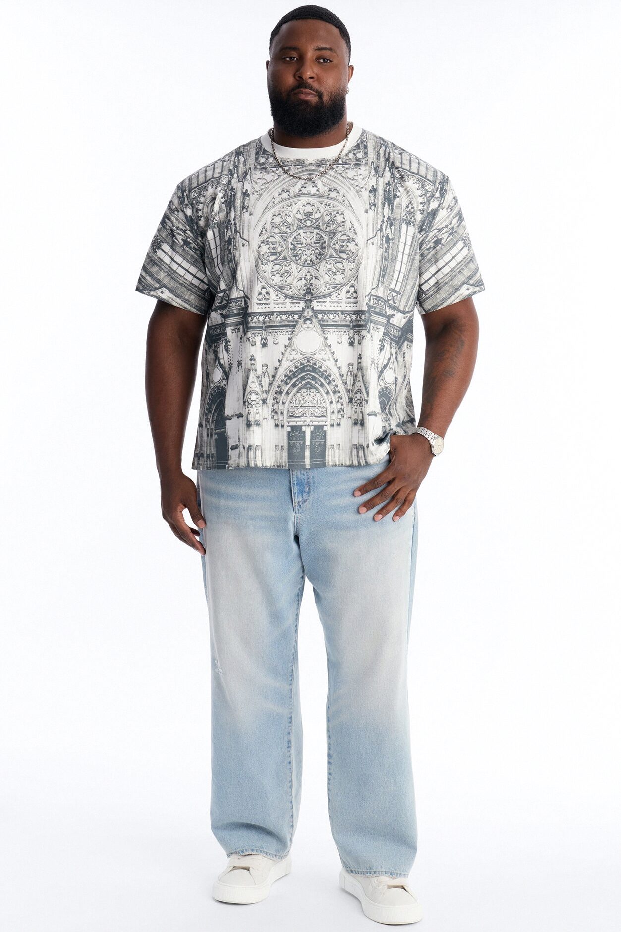 Gothic Church All Over Print Oversized Short Sleeve Tee - White