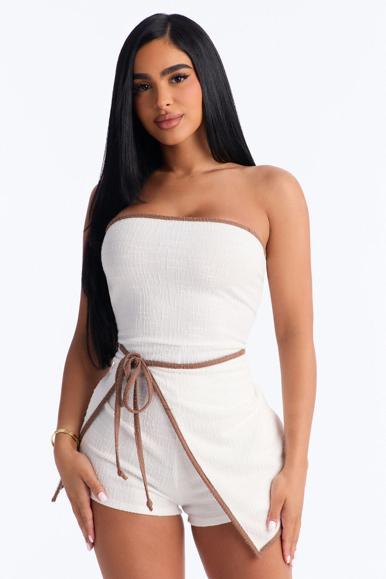 Dominique Strapless Tie Waist Skort Romper - Ivory