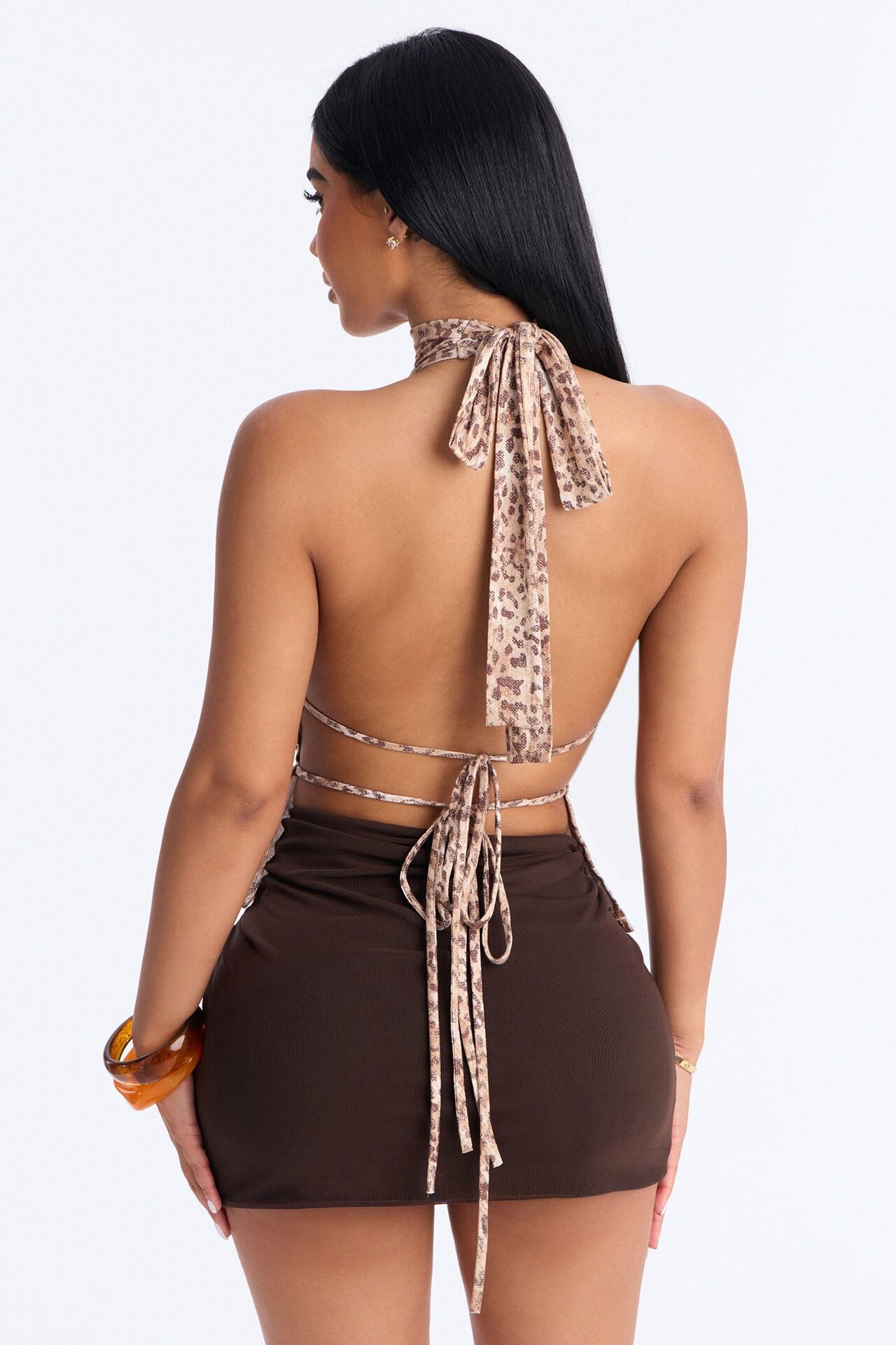 Fierce Attraction High Neck Flyaway Halter Top - Taupe/combo