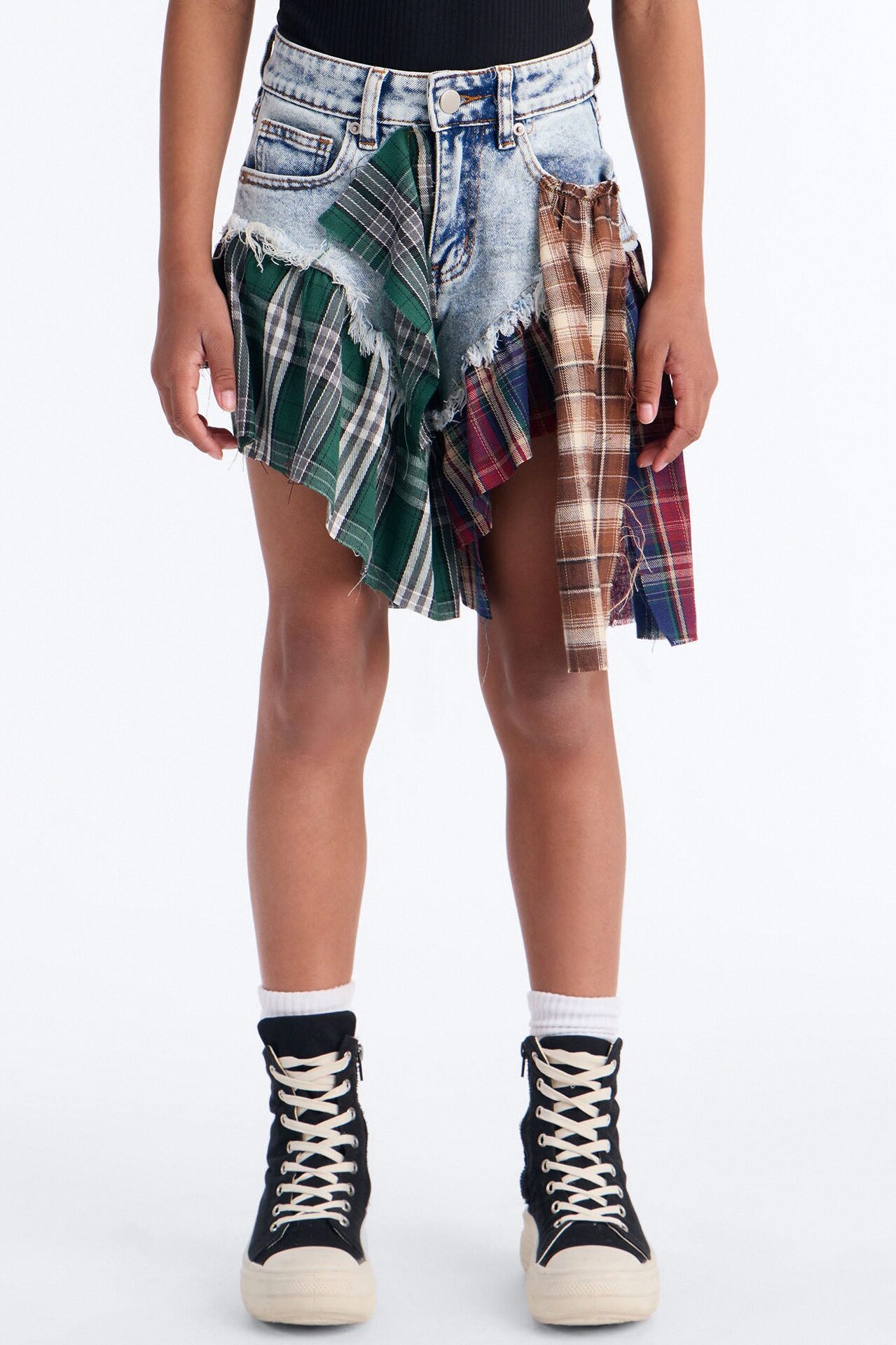 Mini High Impact Plaid Denim Shorts - Light Wash