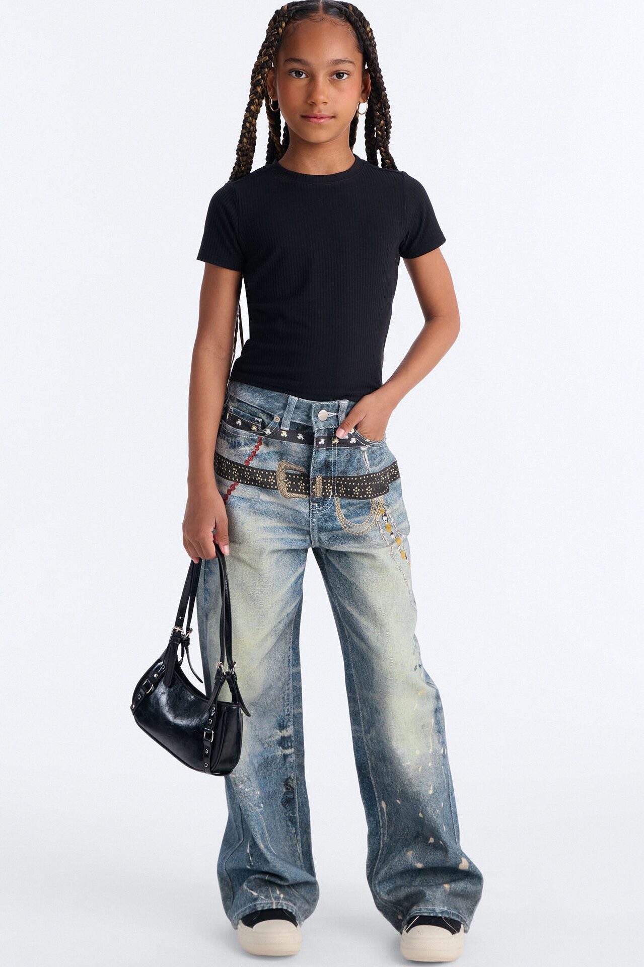 Mini Linked Up Printed Wide Leg Jeans - Medium Wash