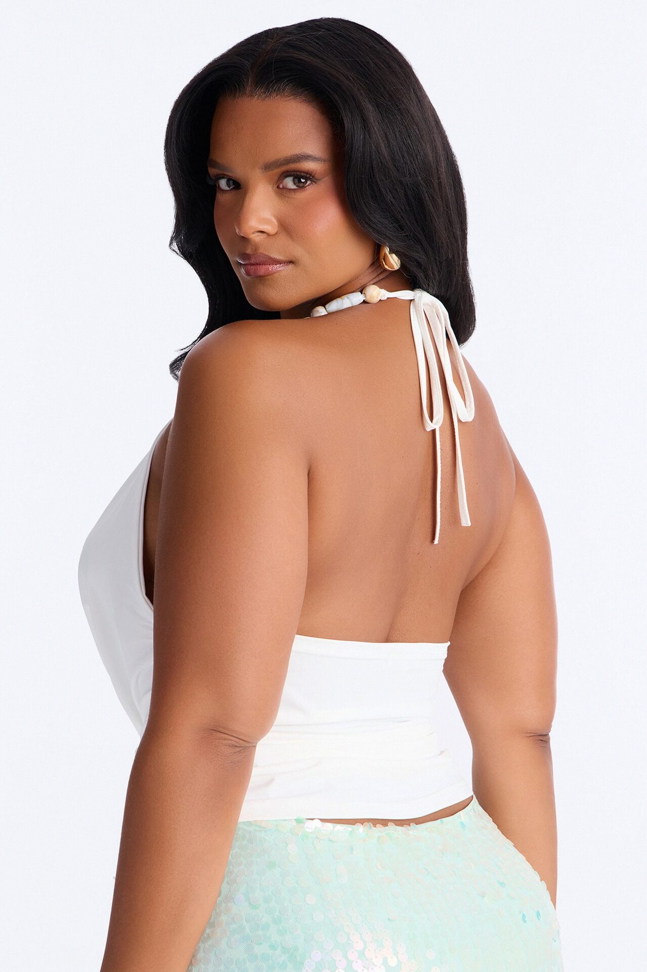 Paradise Nights Beaded Cowl Neck Halter Top - White
