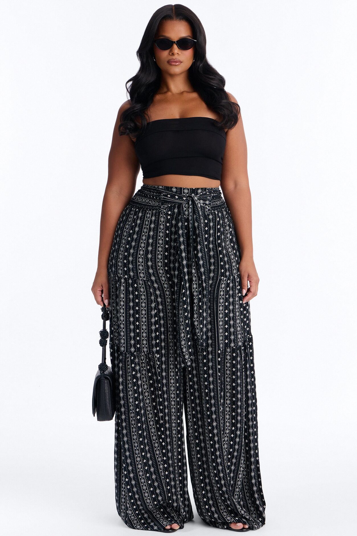 Adina Tie Waist High Rise Wide Leg Pant - Black/combo
