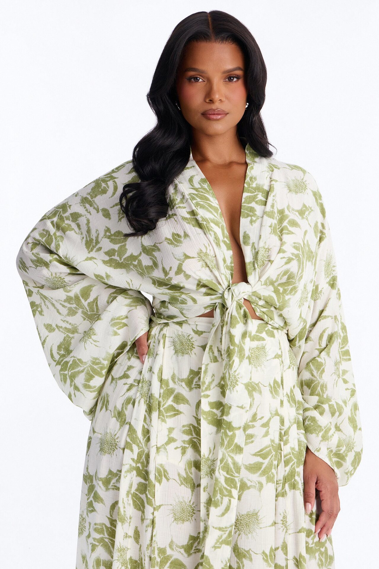Summer Time Florals Tie Front Blouse - Green/combo