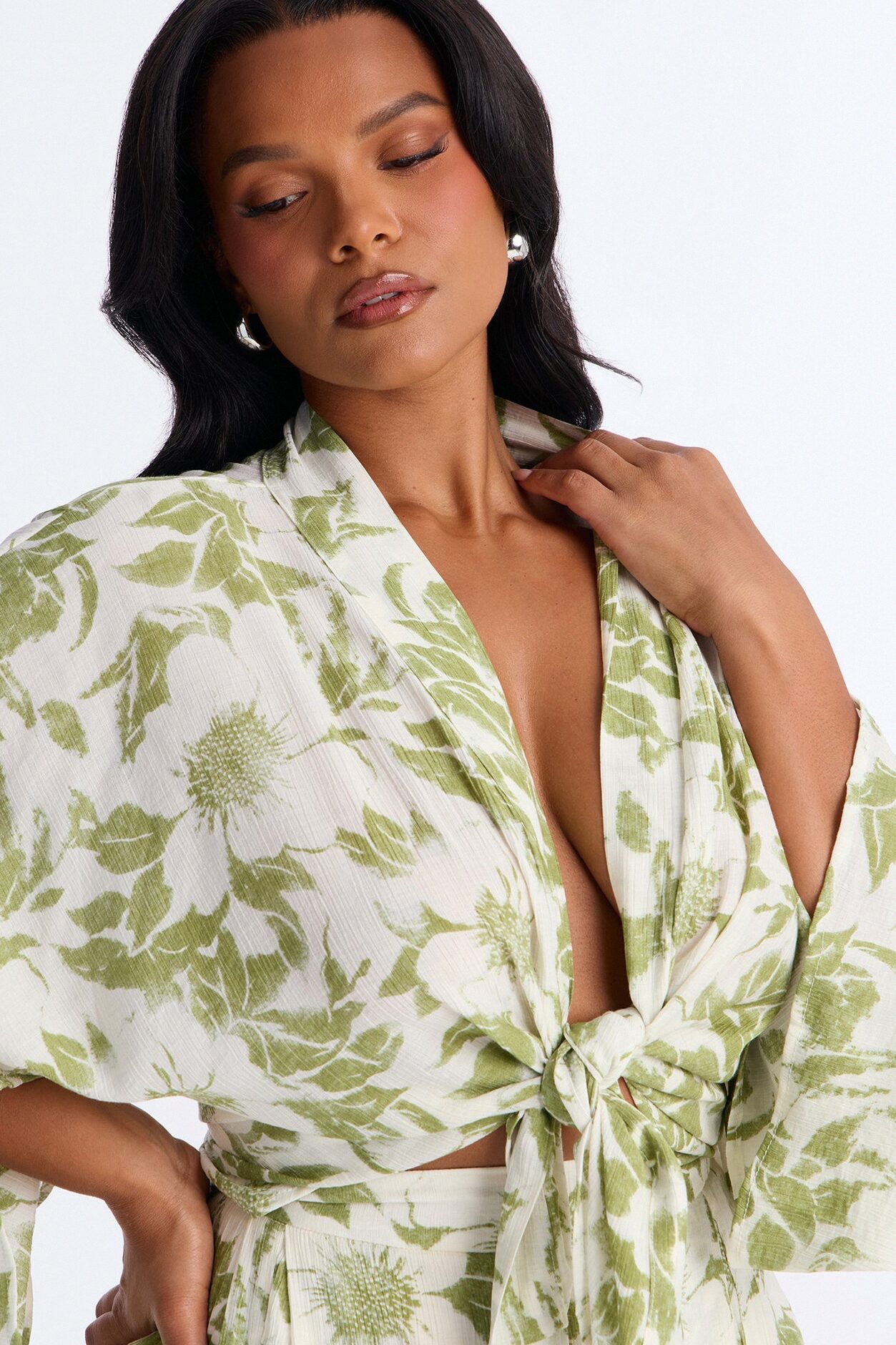 Summer Time Florals Tie Front Blouse - Green/combo