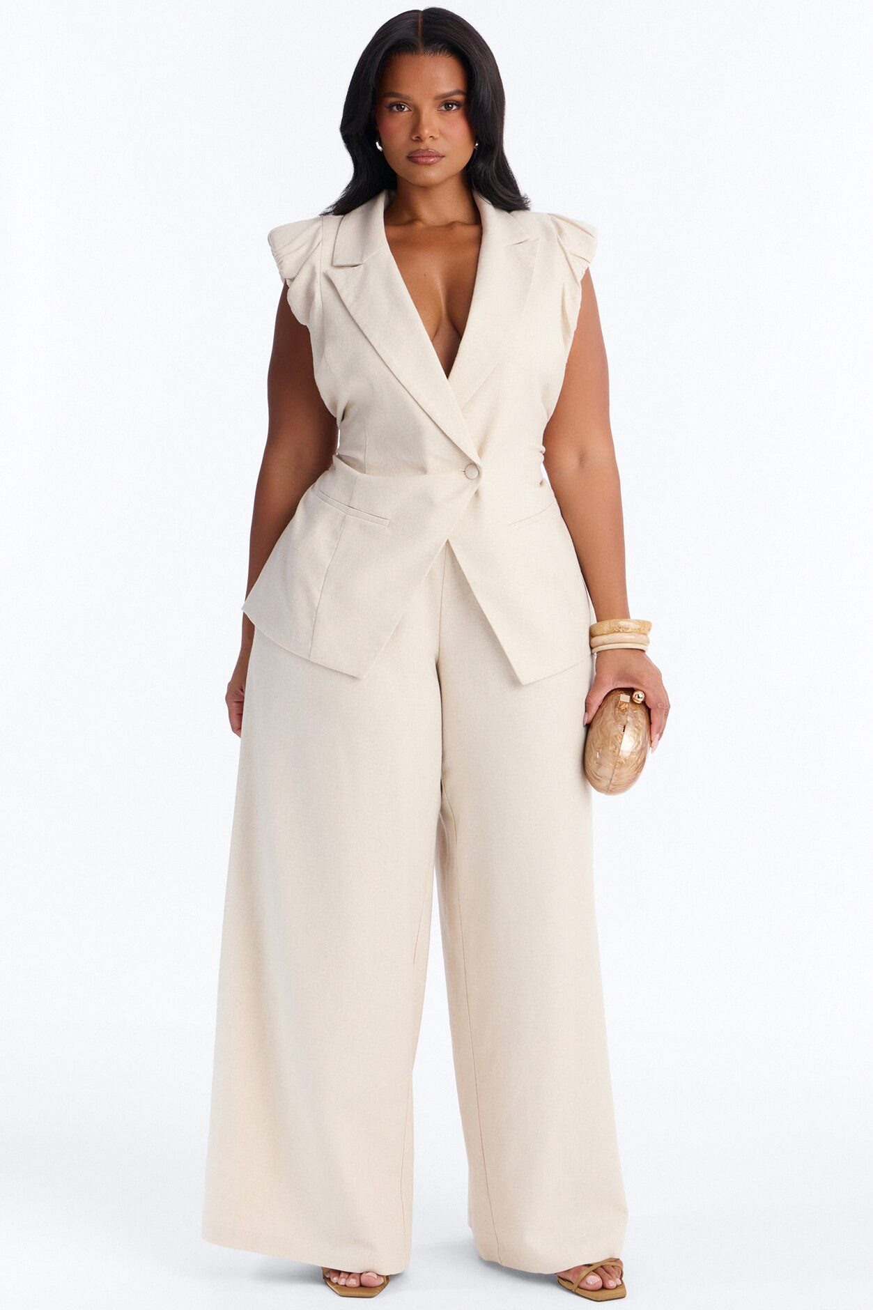 Nhulla Sleeveless Ruched Linen Blazer - Natural
