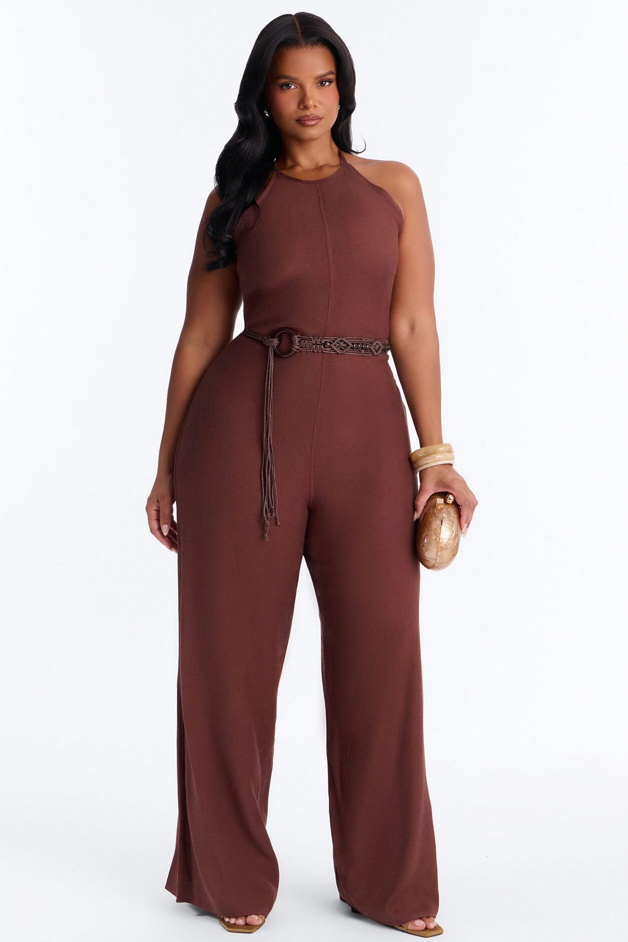 Myrah Linen Wide Leg Belted Jumpsuit - Chocolate