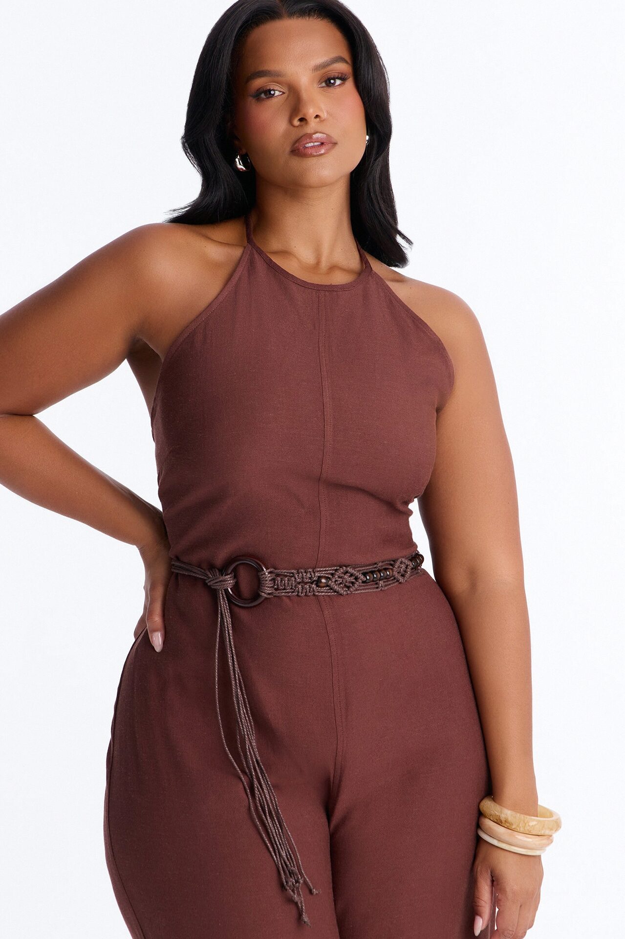 Myrah Linen Wide Leg Belted Jumpsuit - Chocolate
