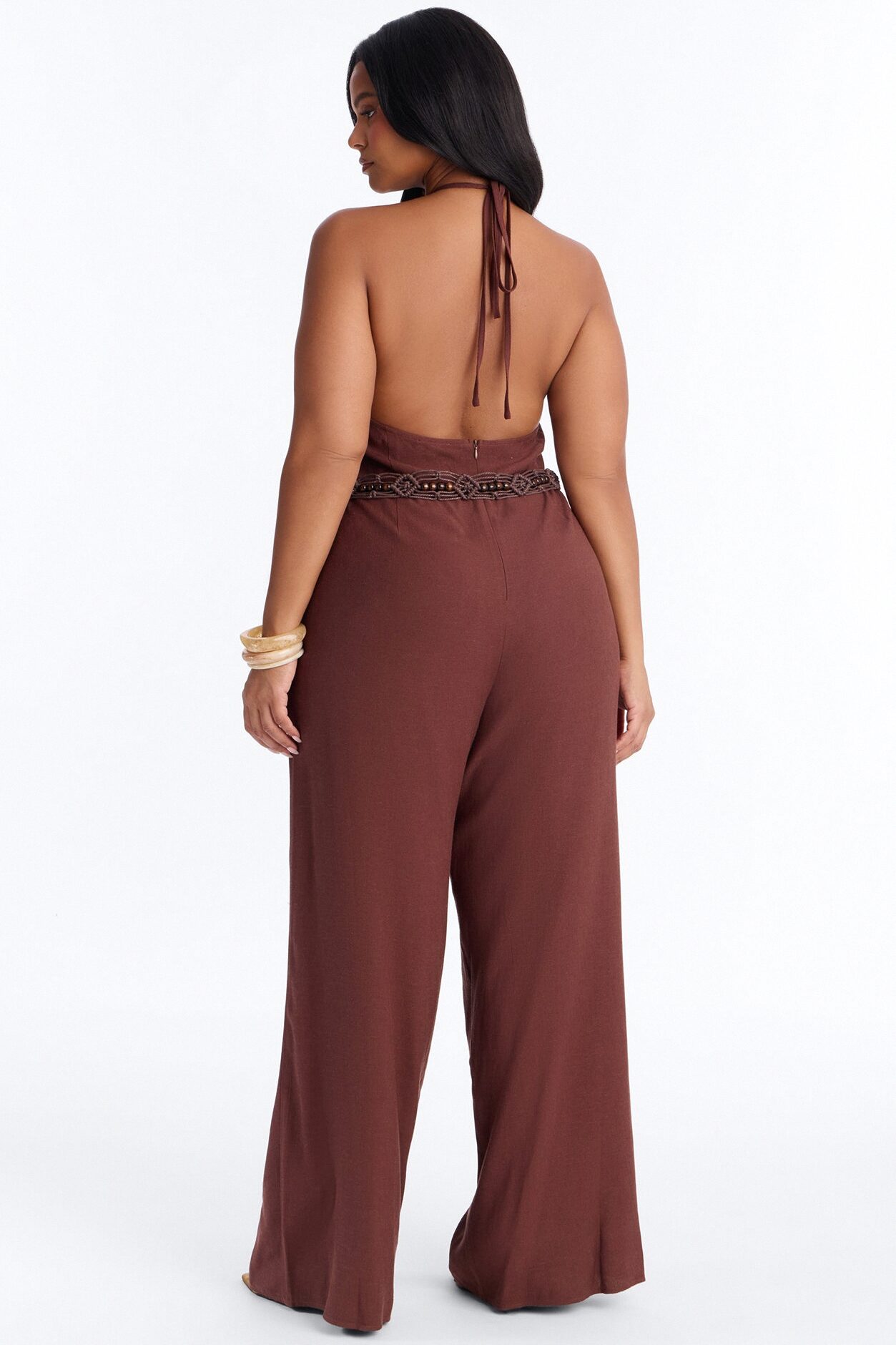 Myrah Linen Wide Leg Belted Jumpsuit - Chocolate