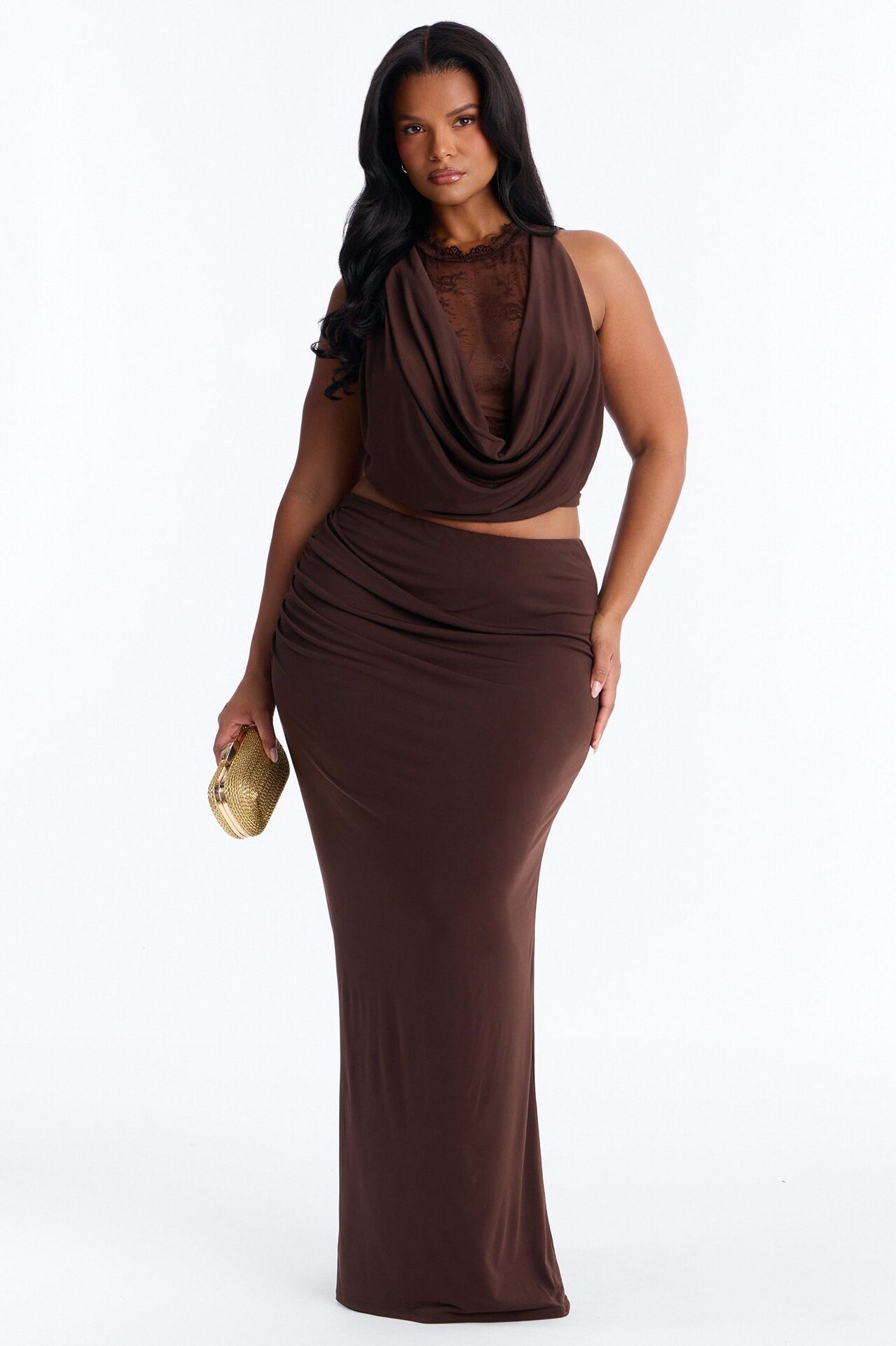 Kyra Cowl Neck Lace Maxi Skirt Set - Chocolate