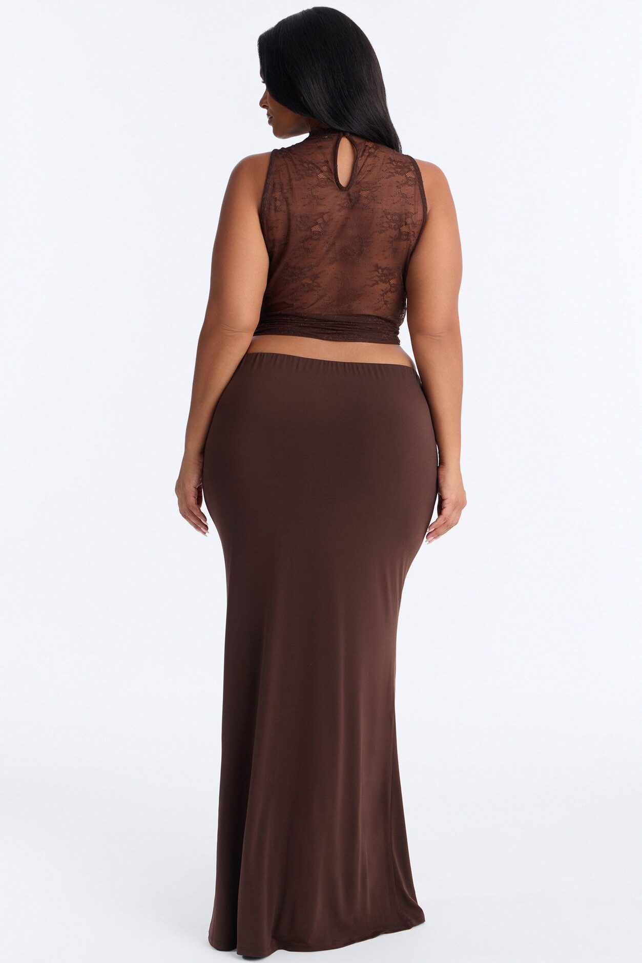 Kyra Cowl Neck Lace Maxi Skirt Set - Chocolate