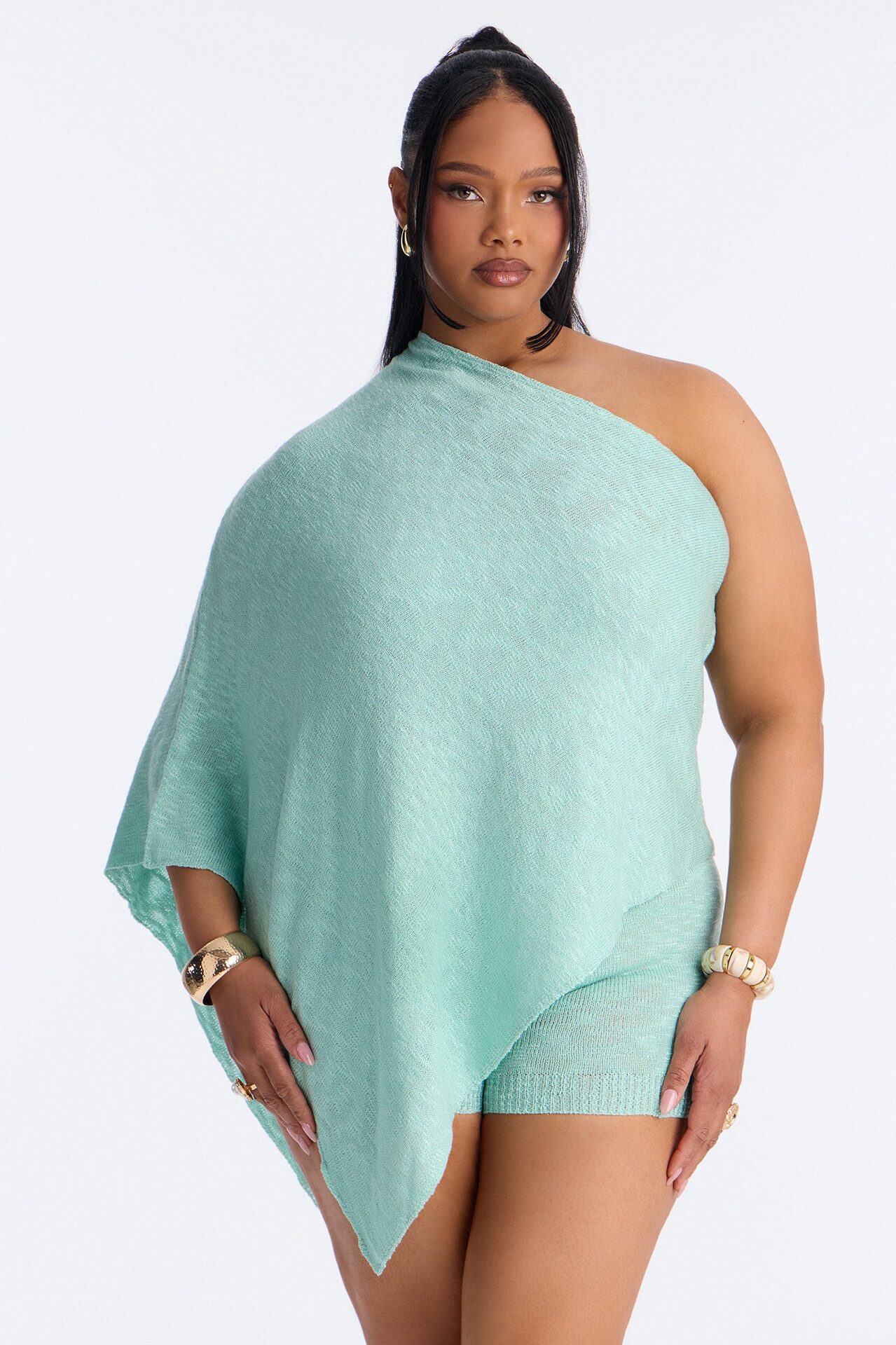 Solia One Shoulder Sweater Knit Short Set - Aqua