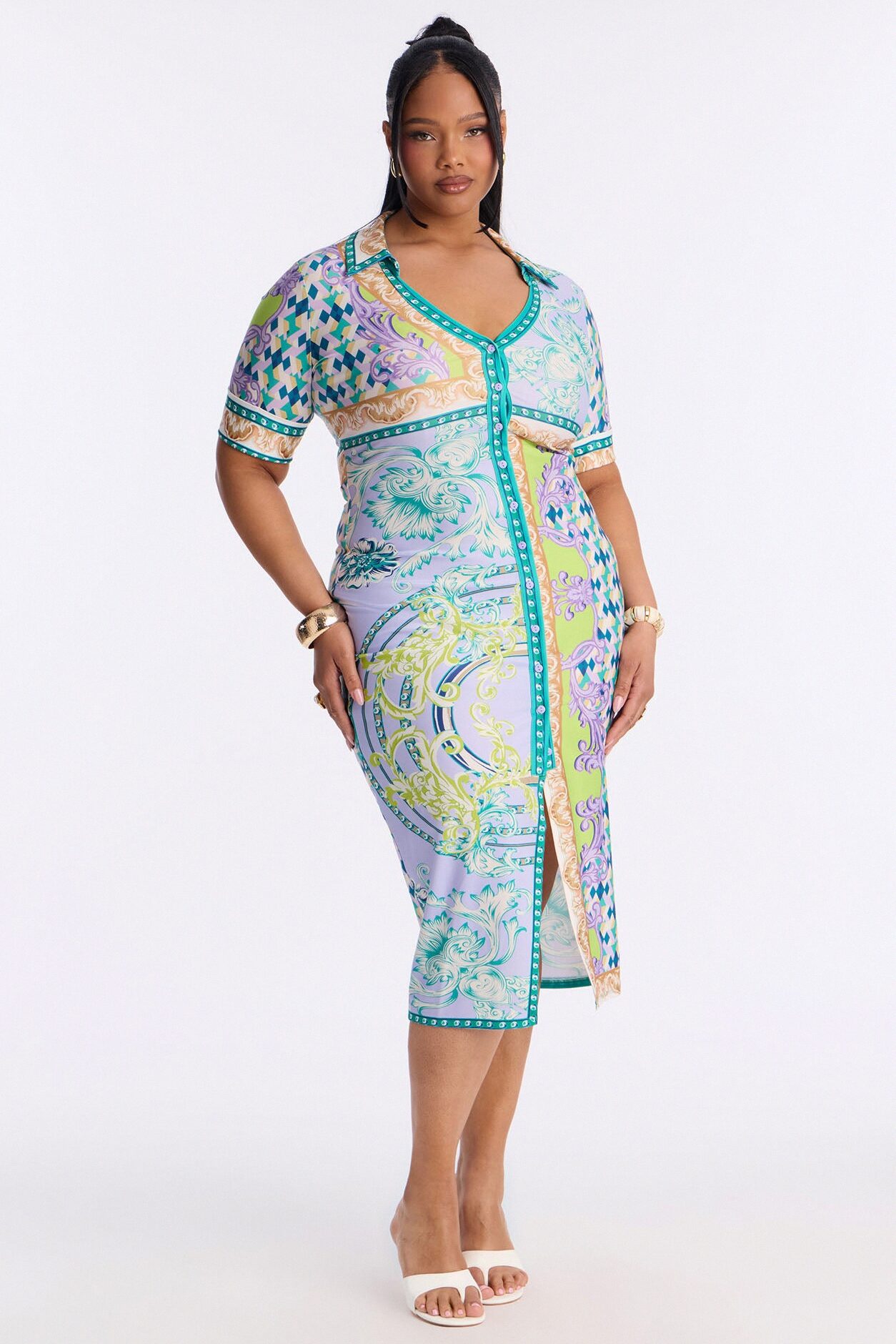 Caitlin Button Up Printed Midi Dress - Green/combo