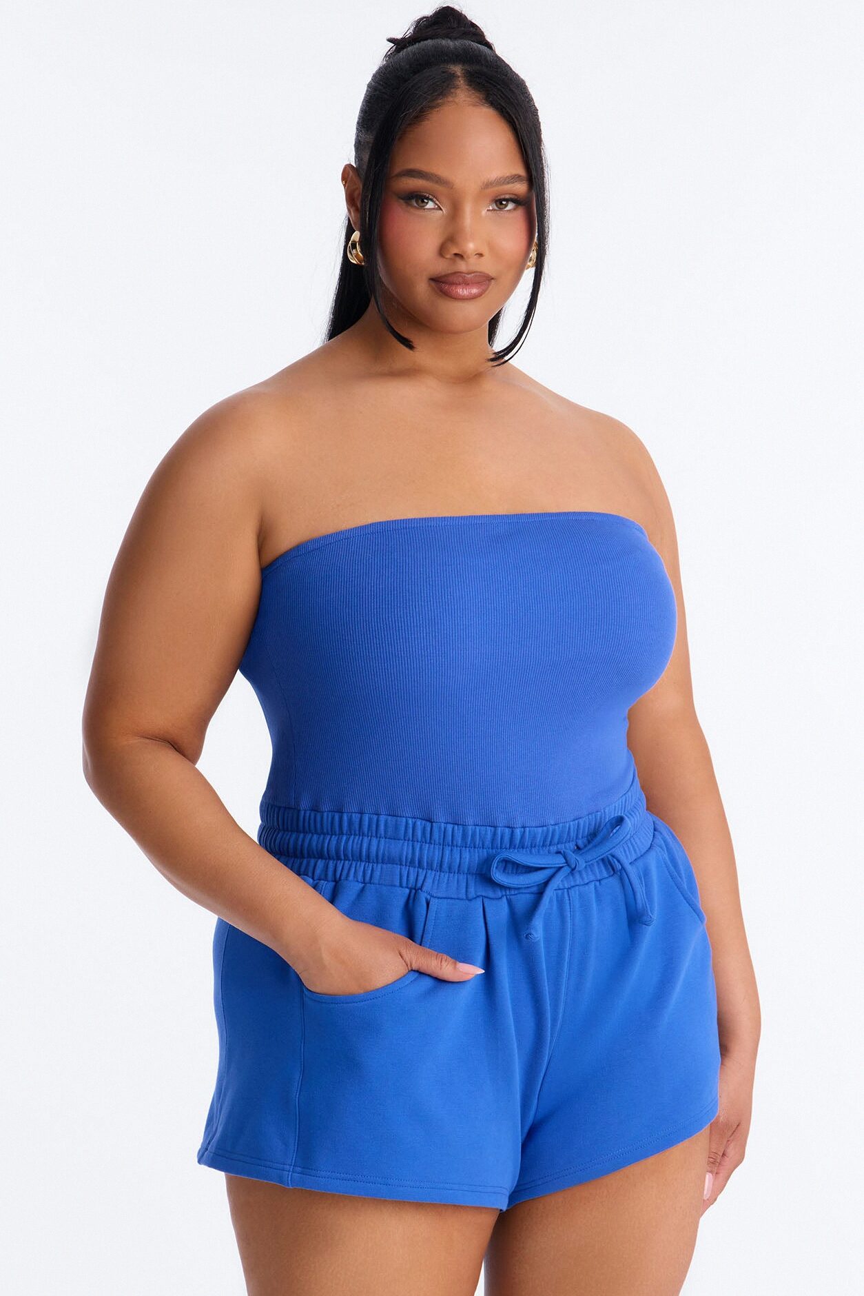 Jules Knit Tube With Fleece Short Romper - Royal