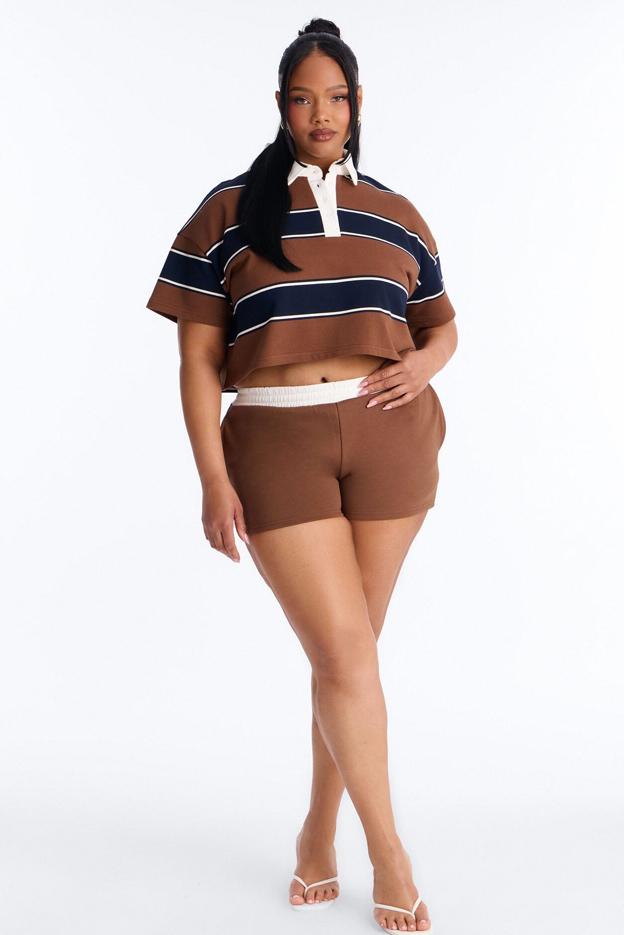 Sydney Striped Polo Lounge Short Set - Chocolate