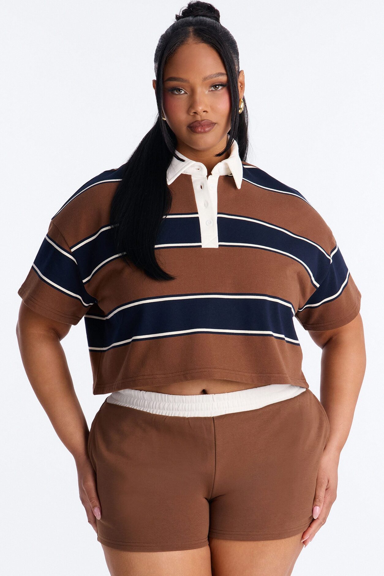Sydney Striped Polo Lounge Short Set - Chocolate