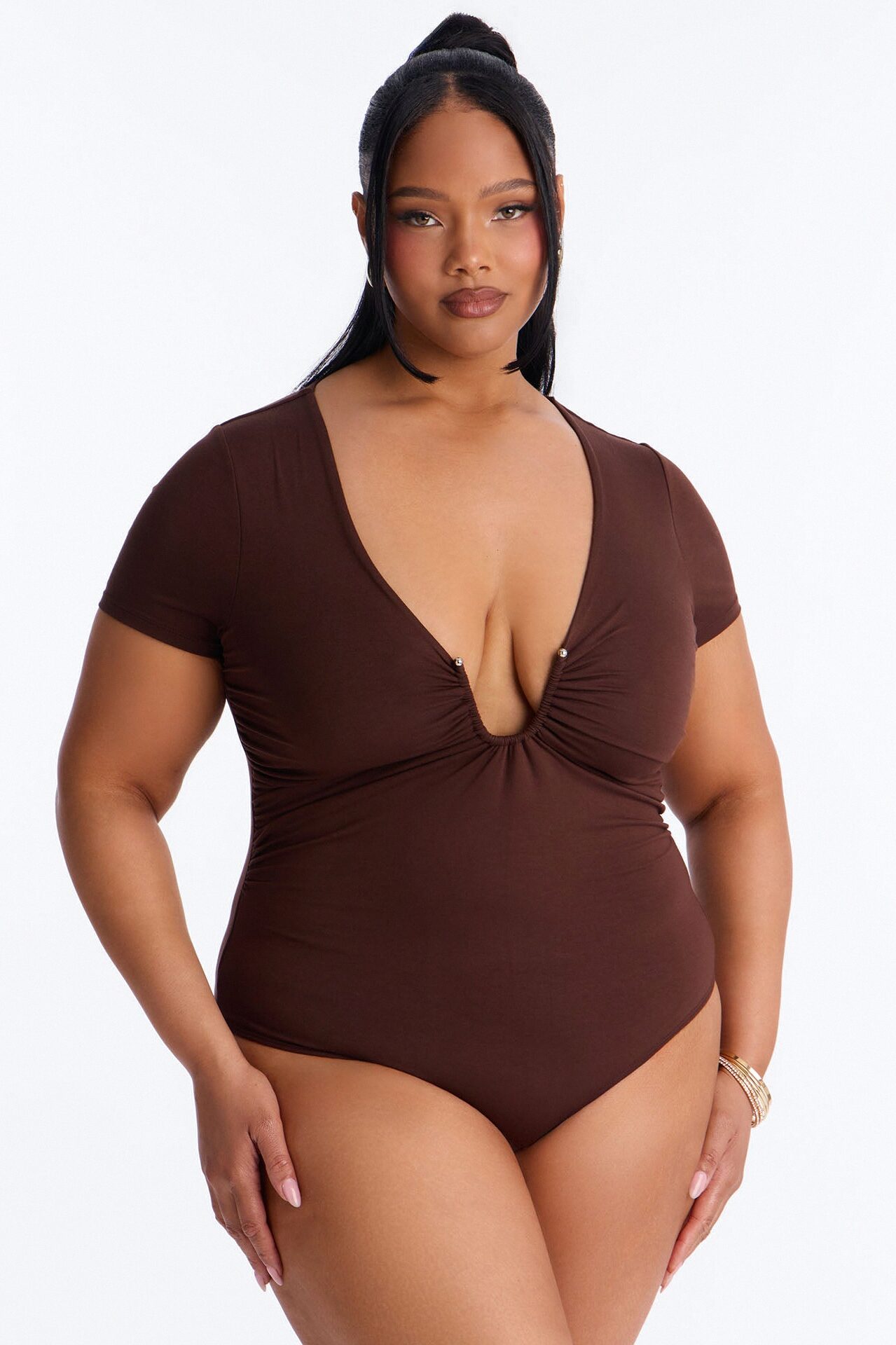 Danielle Deep V Neck Short Sleeve Bodysuit - Brown