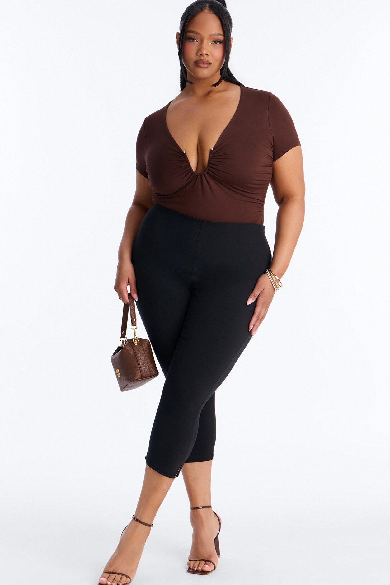 Danielle Deep V Neck Short Sleeve Bodysuit - Brown