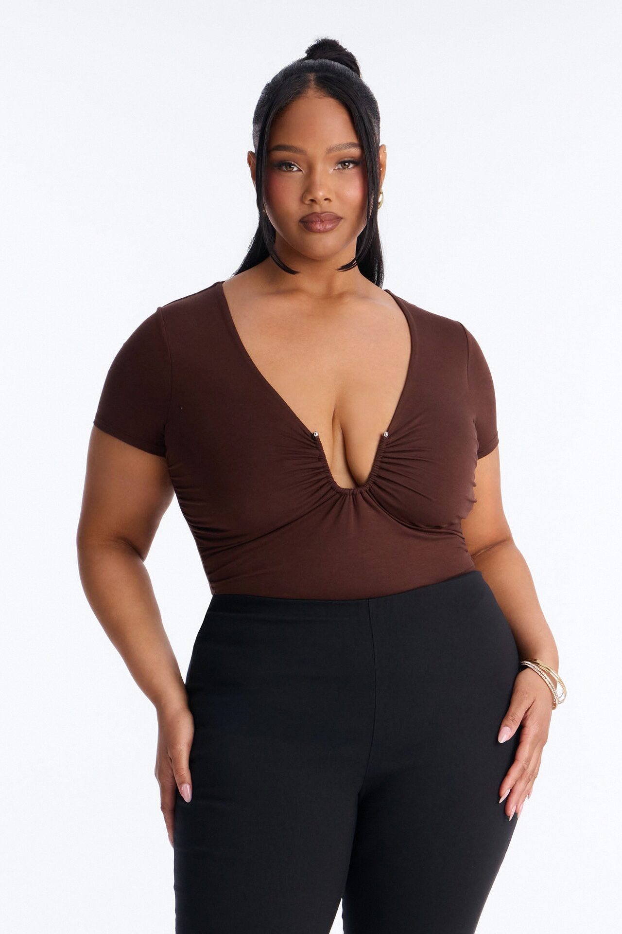 Danielle Deep V Neck Short Sleeve Bodysuit - Brown