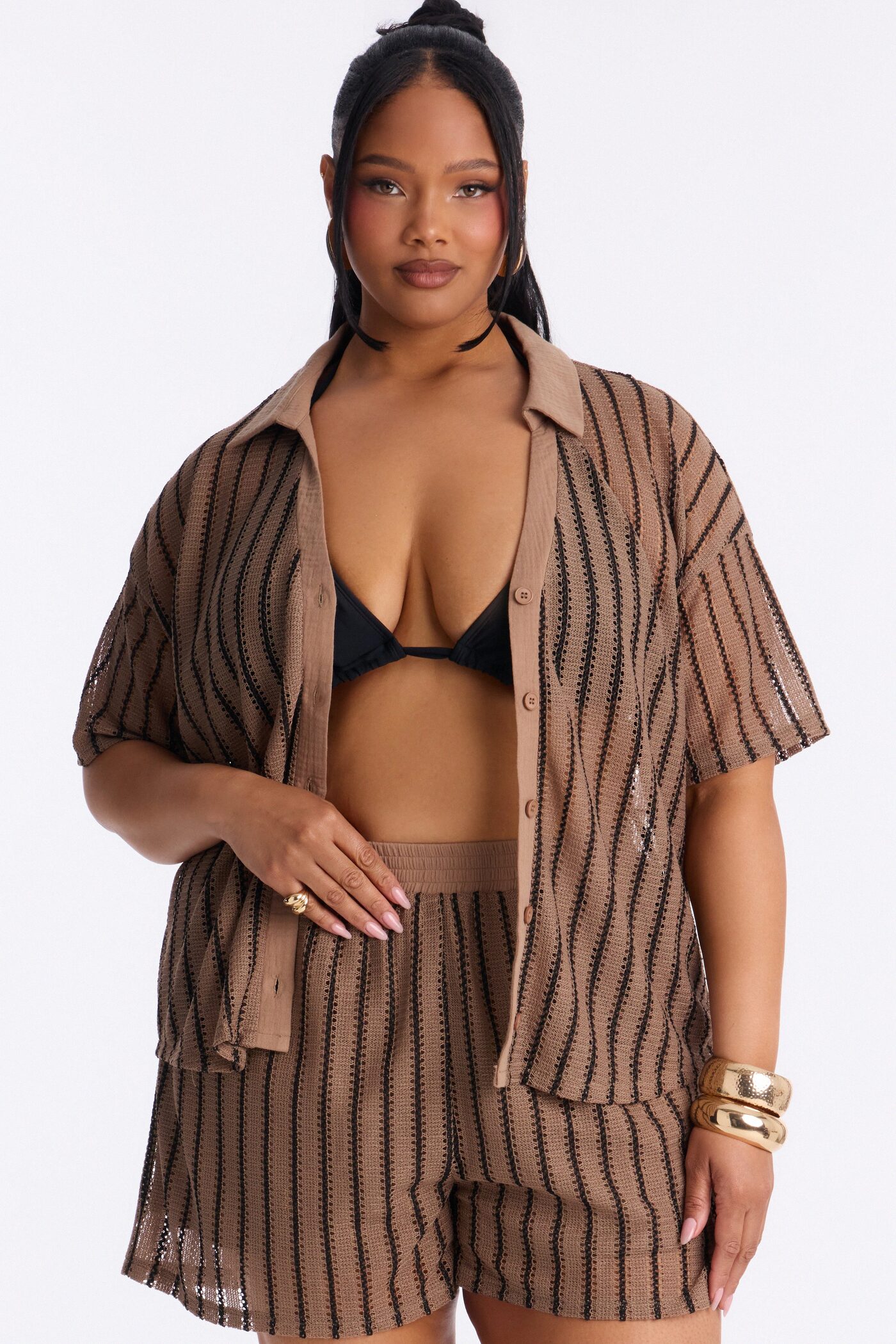 Azura Striped Crochet Short Set - Brown
