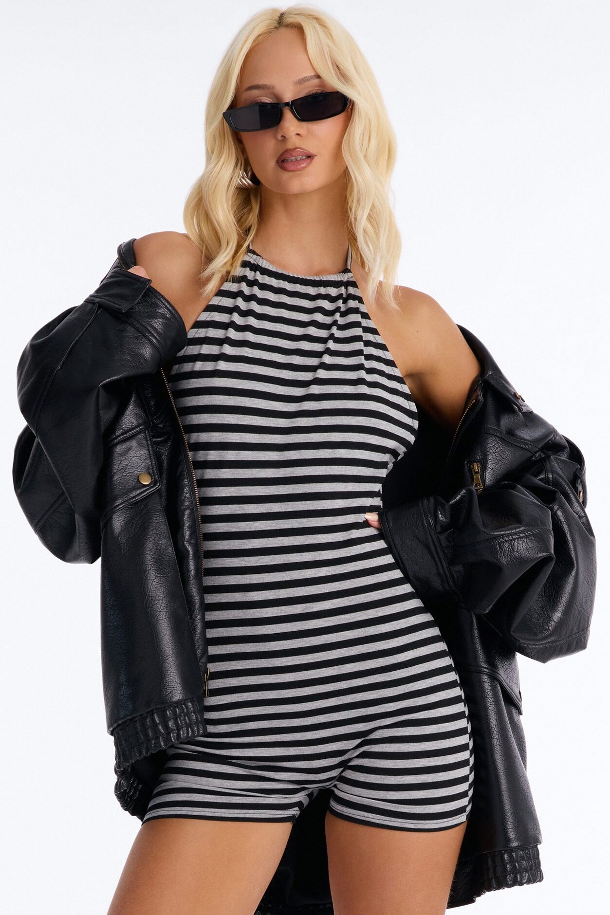 Mariah Striped Backless Romper - Black/Grey