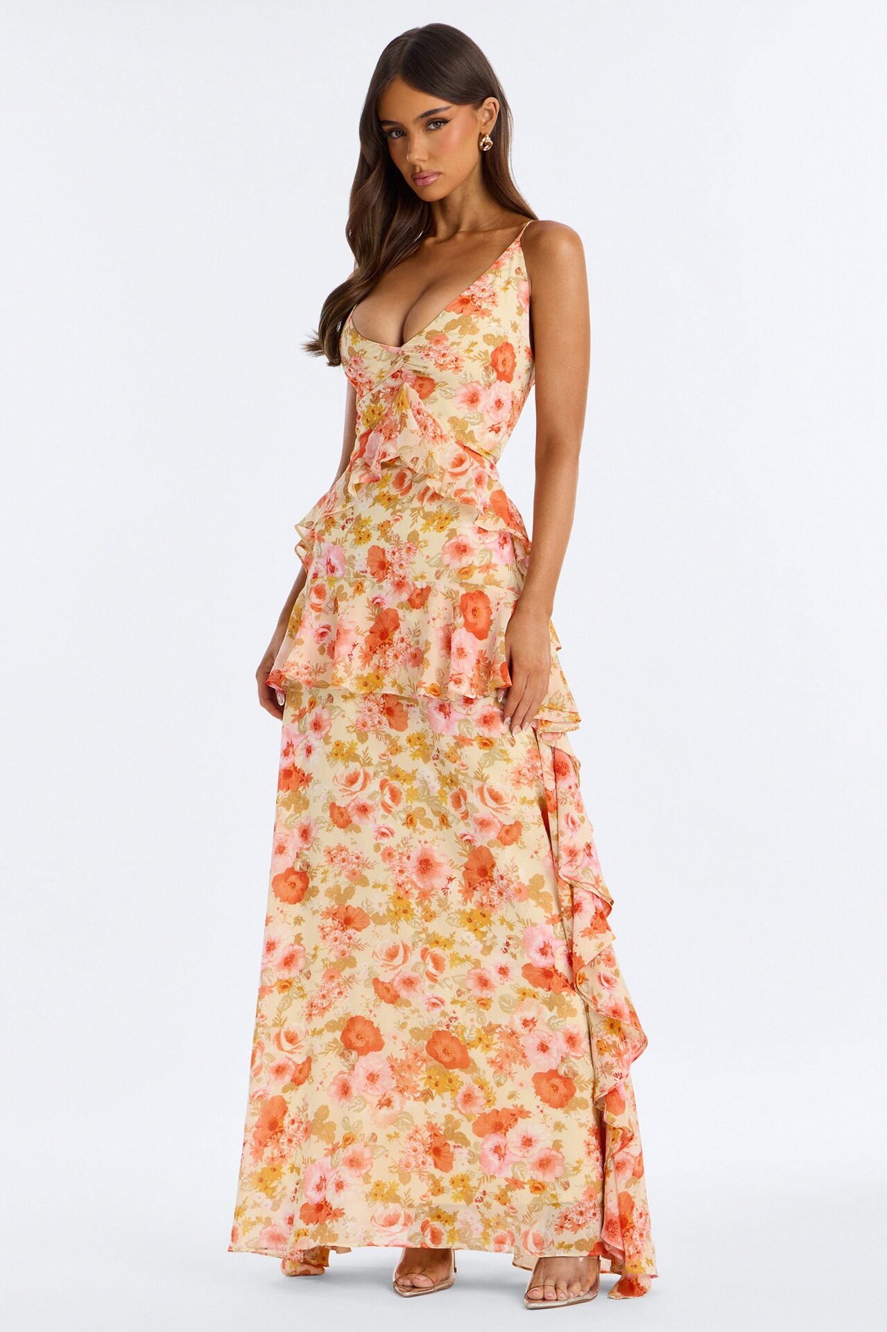 Tabitha Floral Chiffon Maxi Dress - Coral/combo