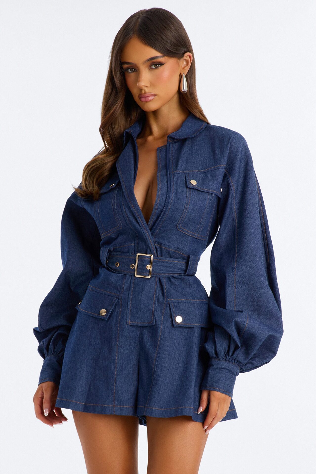 Nelly Belted Denim Romper - Dark Wash