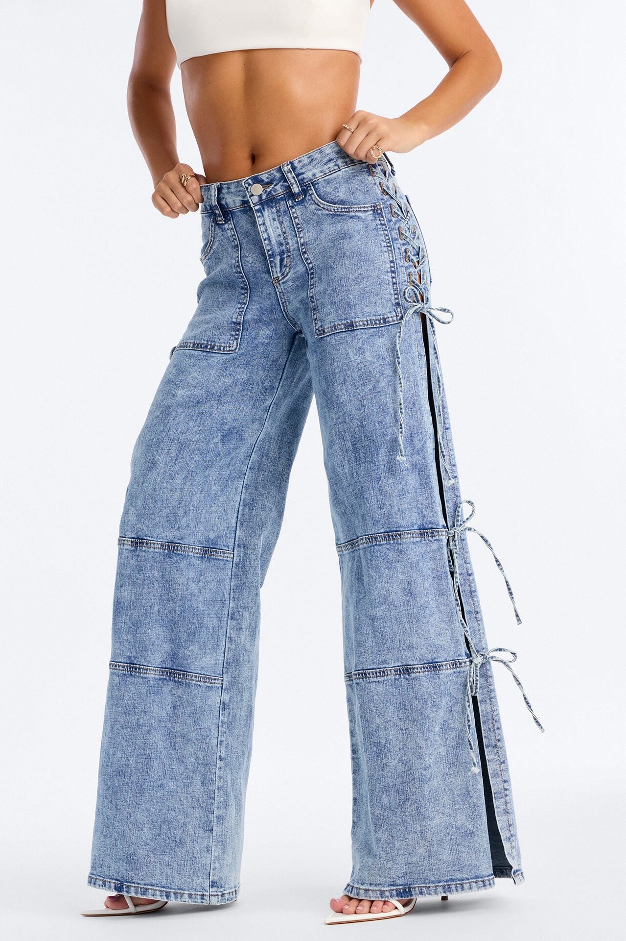 Pull Through Lace Up Stretch Tie Jeans - Medium Wash