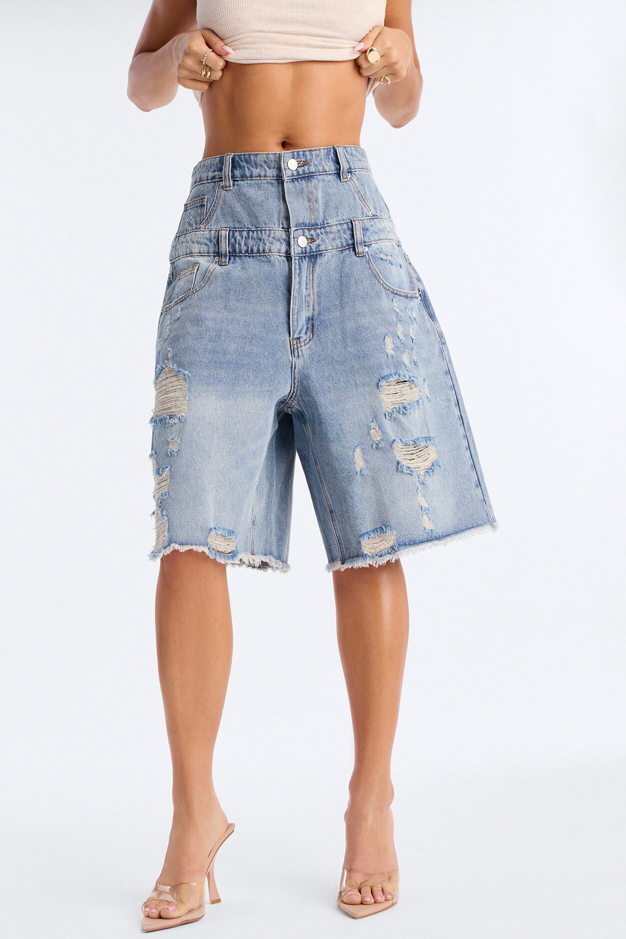 We Stick Together Double Waistband Ripped Denim Jorts - Medium Wash