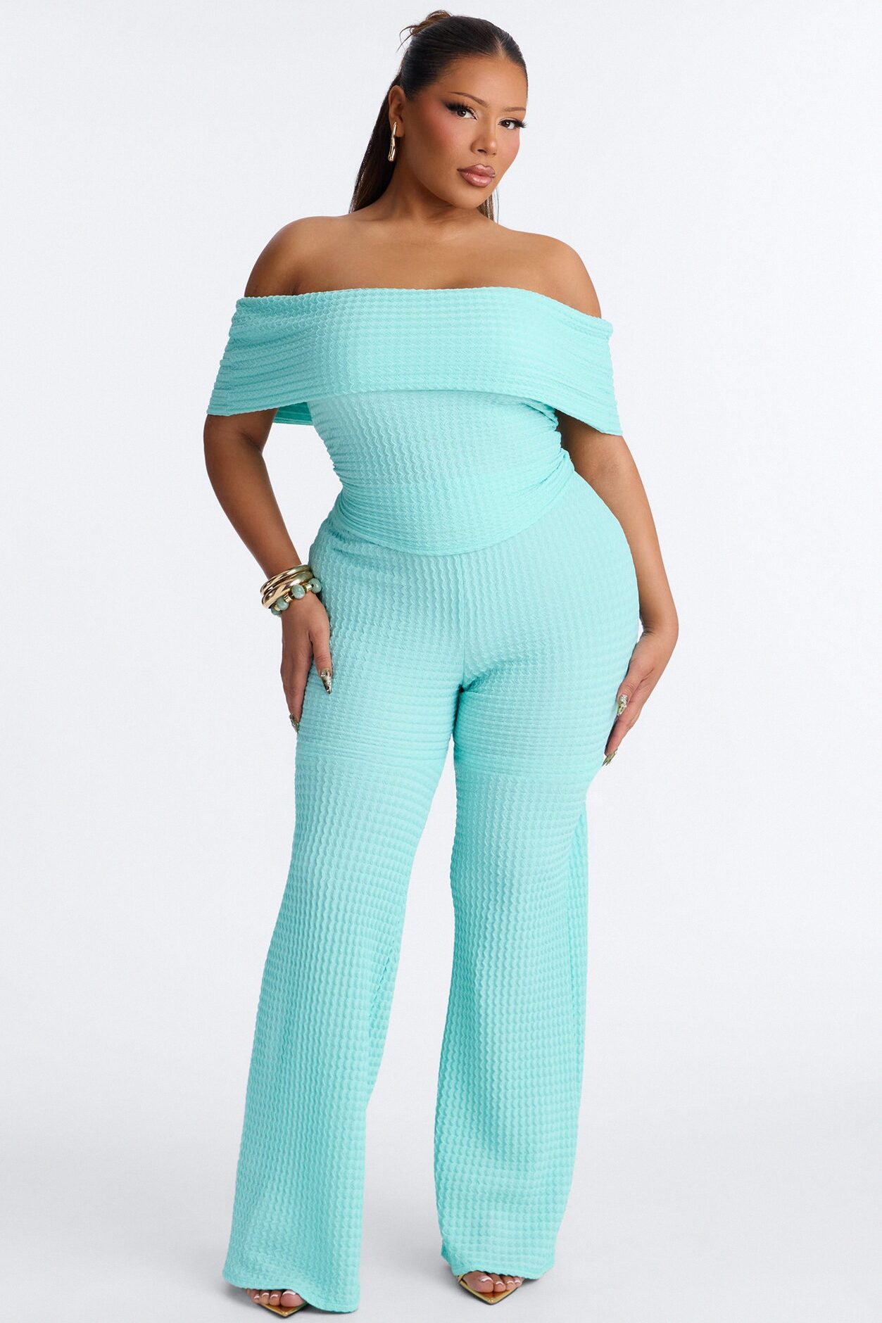 Nicole Textured Off Shoulder Pant Set - Aqua