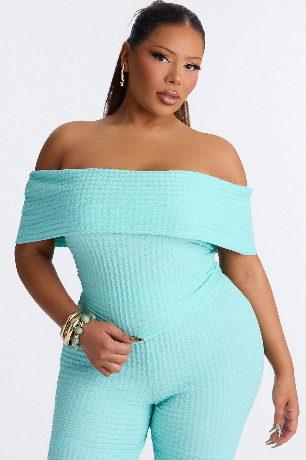 Nicole Textured Off Shoulder Pant Set - Aqua