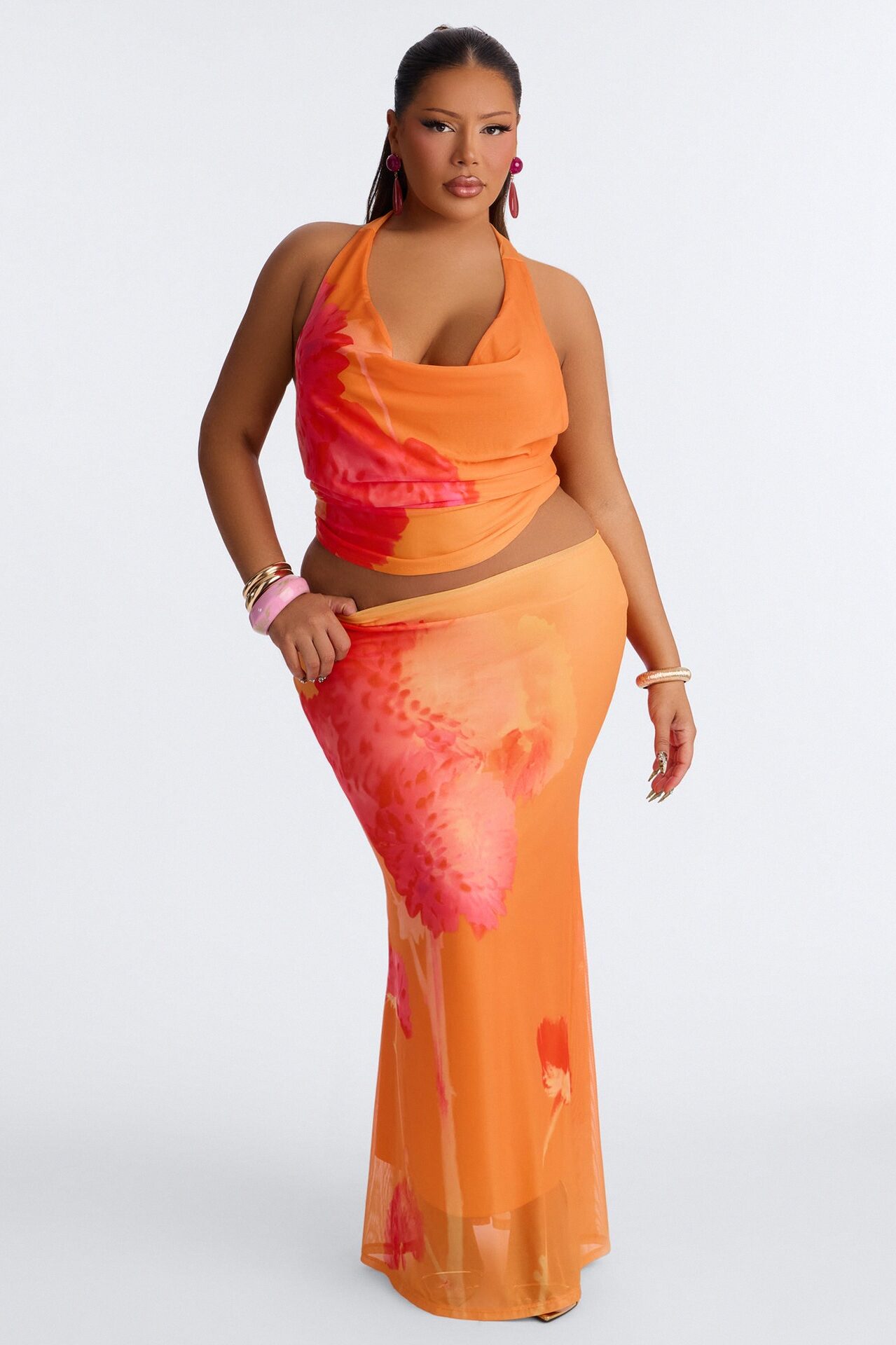 Sunset Petals Halter Mesh Maxi Skirt Set - Orange