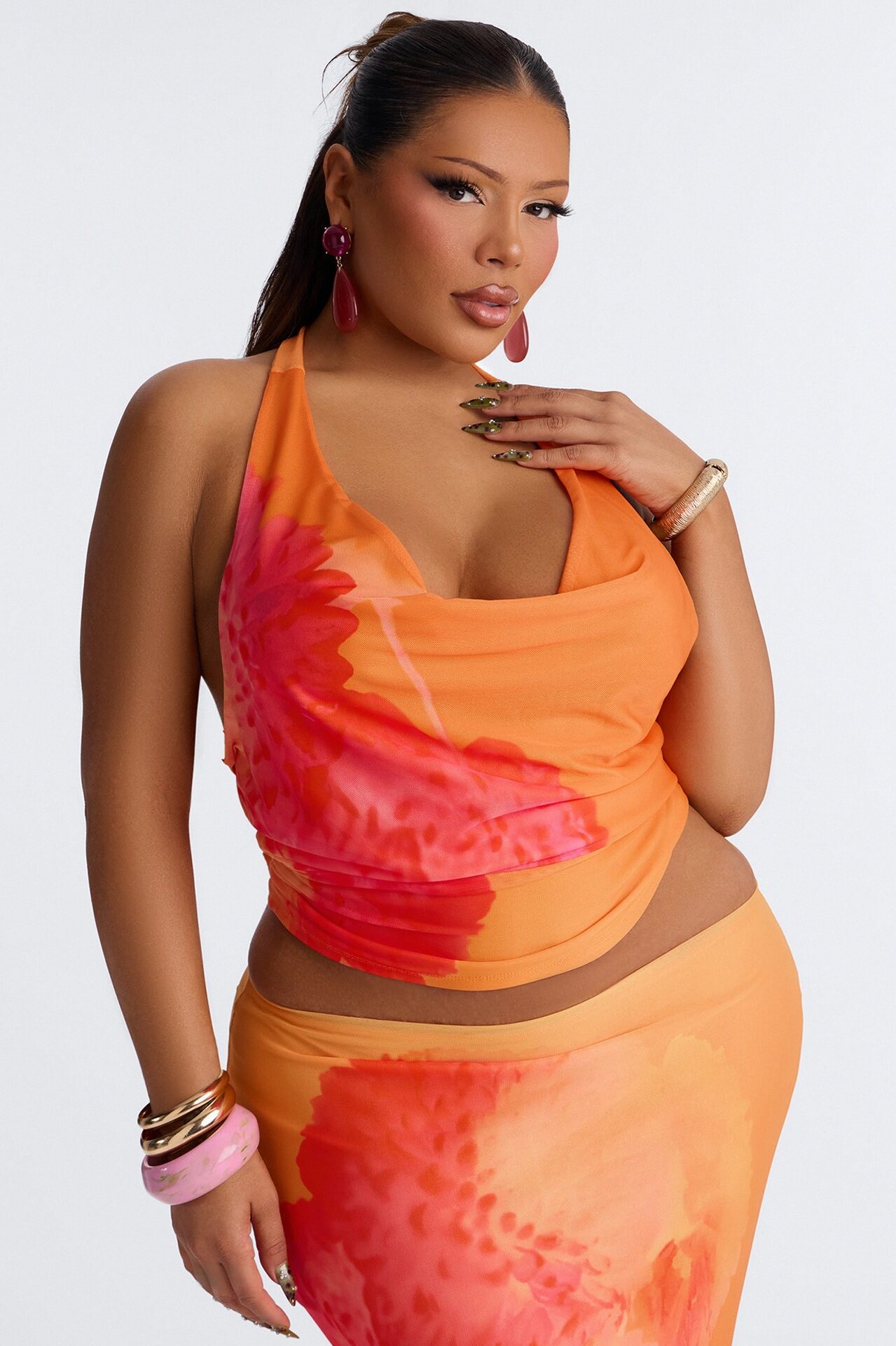 Sunset Petals Halter Mesh Maxi Skirt Set - Orange