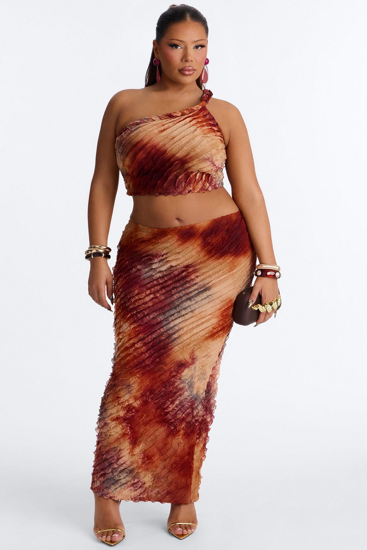 Solis Ruffle Mesh Maxi Skirt Set - Rust/combo