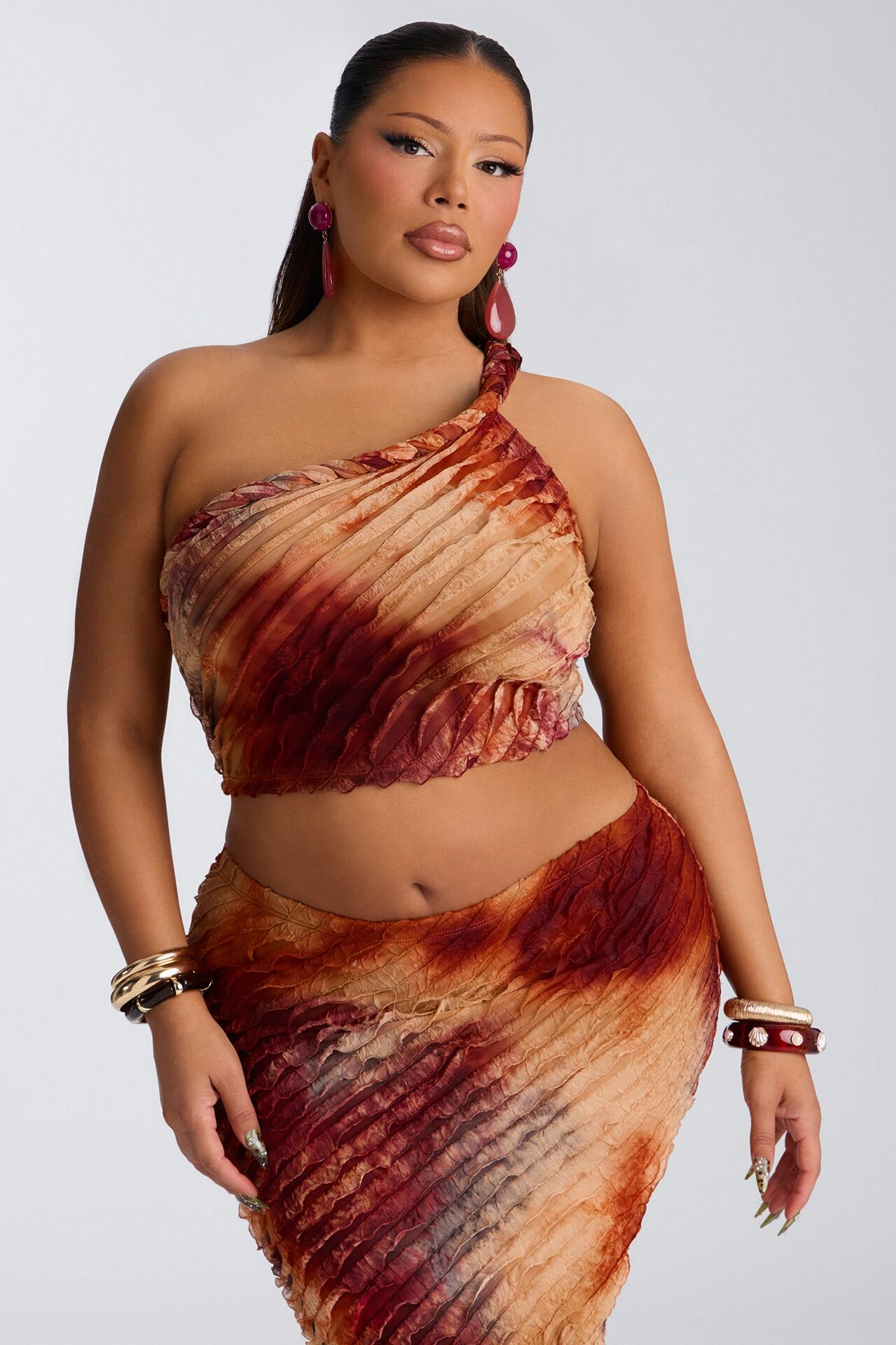 Solis Ruffle Mesh Maxi Skirt Set - Rust/combo